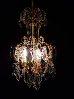 Italian Gilt Iron Chandelier with Green Pendalogues, 1930