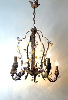 Italian Gilt Iron Five-Light Chandelier with Porcelain Flowers, circa 1930