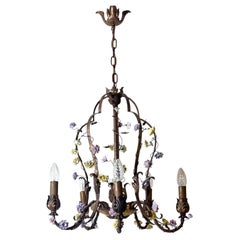 Italian Gilt Iron Five-Light Chandelier with Porcelain Flowers, circa 1930