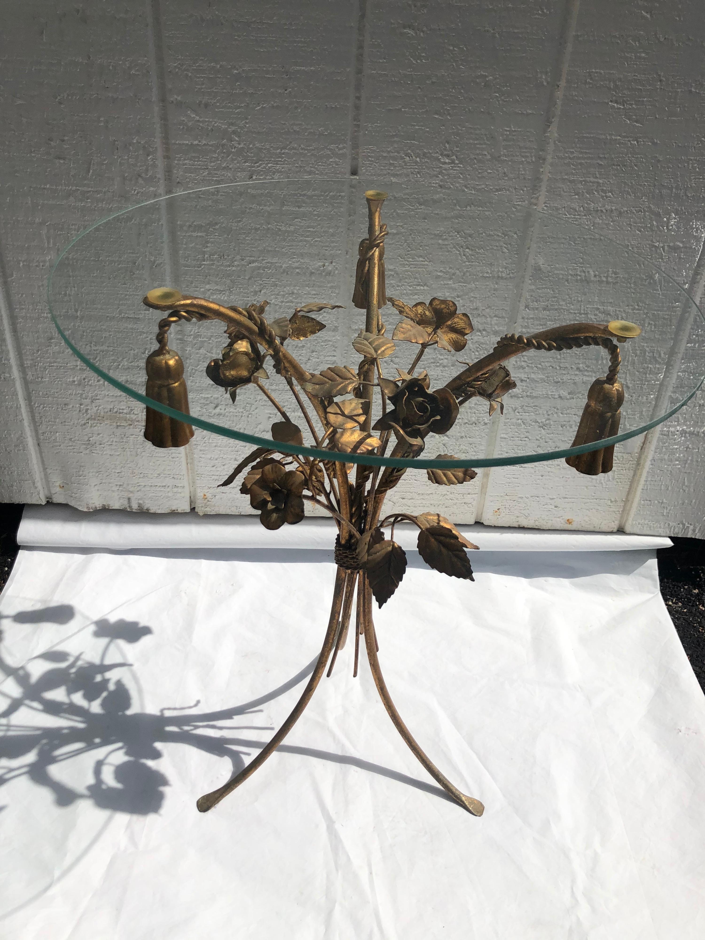 Italian Gilt Iron Floral Side Table with Tassles In Good Condition In Redding, CT