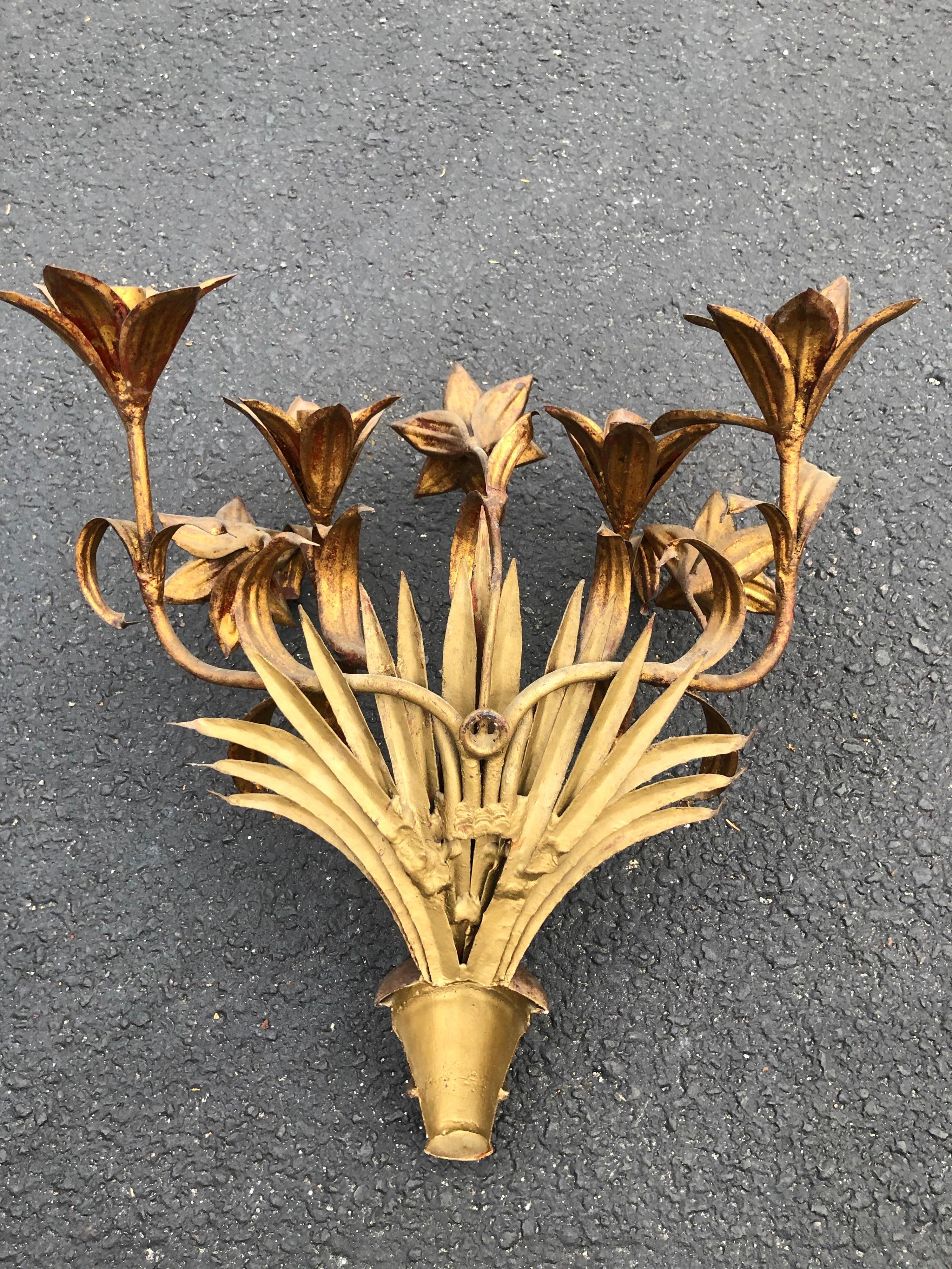 Large Italian Gilt Iron Floral Wall Sconce For Sale 7