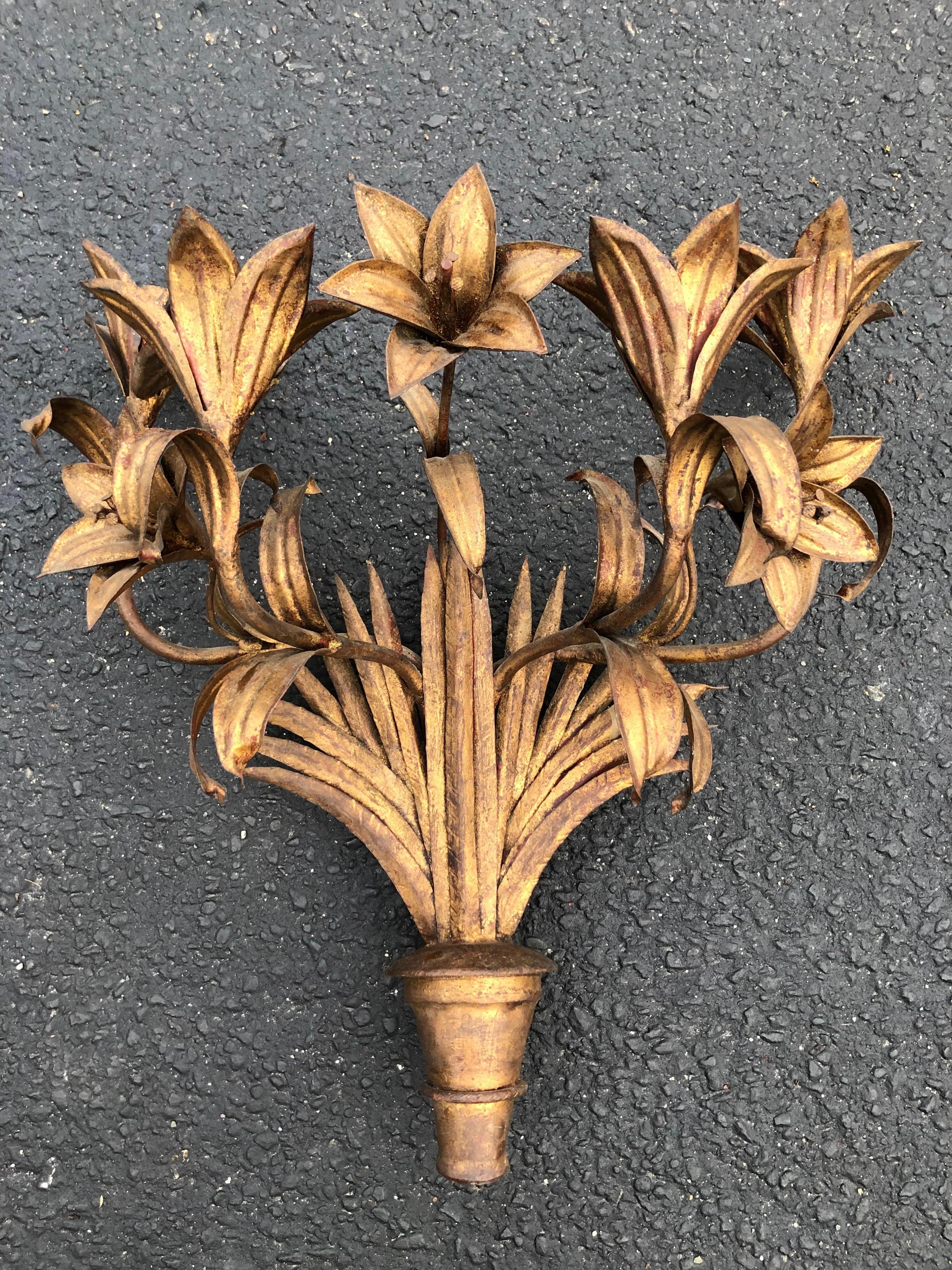 Hollywood Regency Large Italian Gilt Iron Floral Wall Sconce For Sale