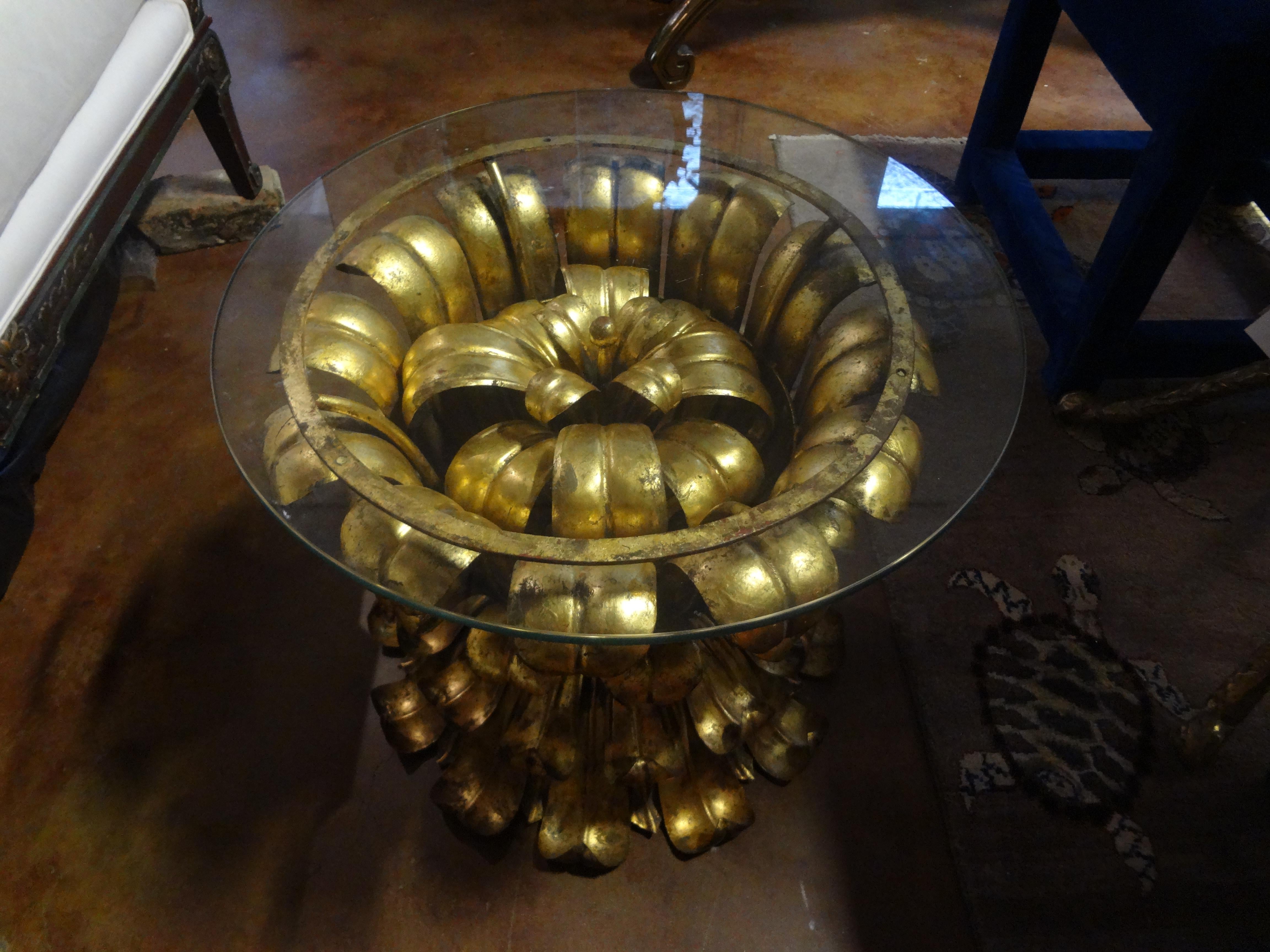 Metal Italian Gilt Iron Plume Table with Glass Top