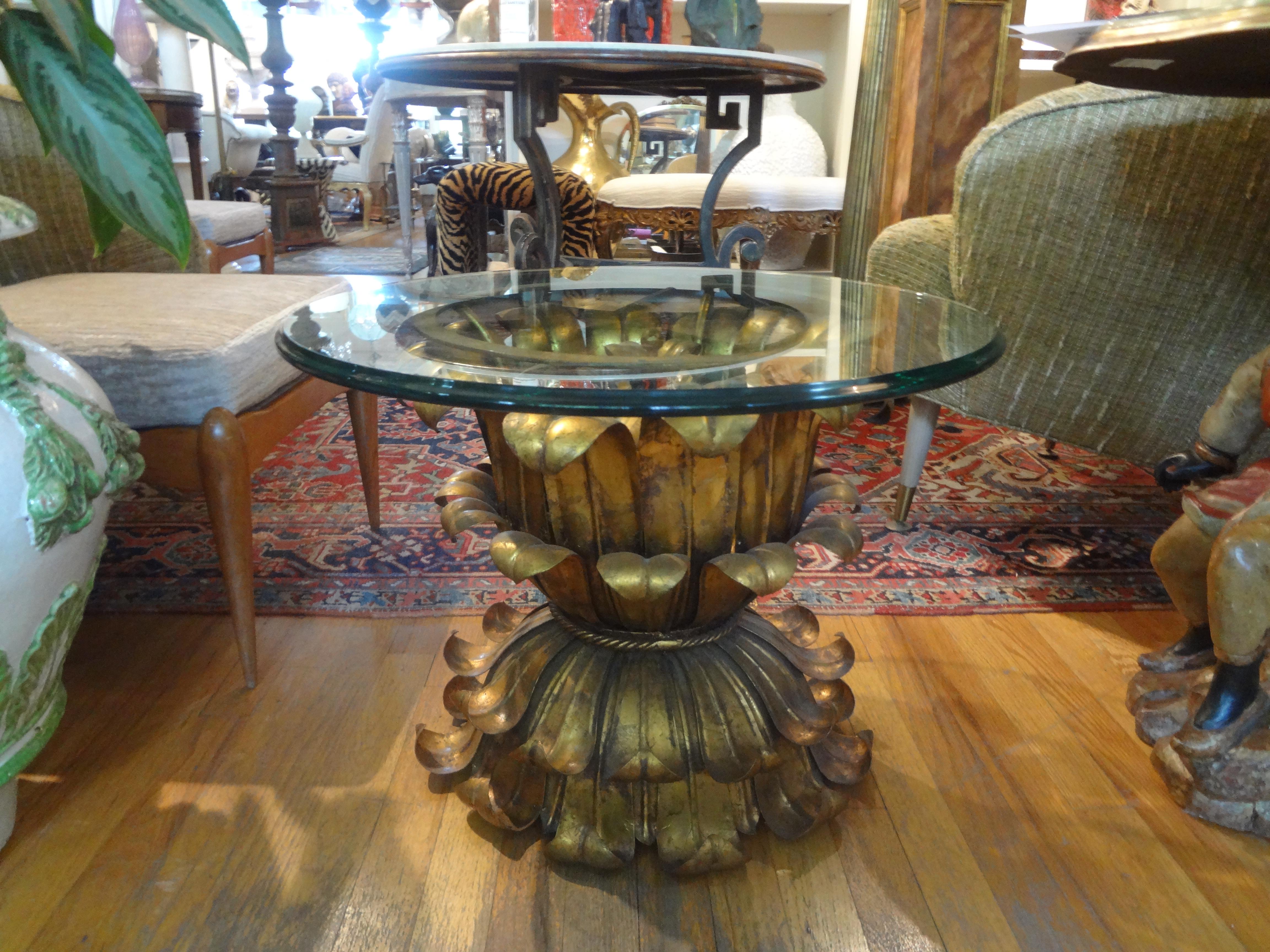 Metal Italian Gilt Iron Plume Table with Glass Top