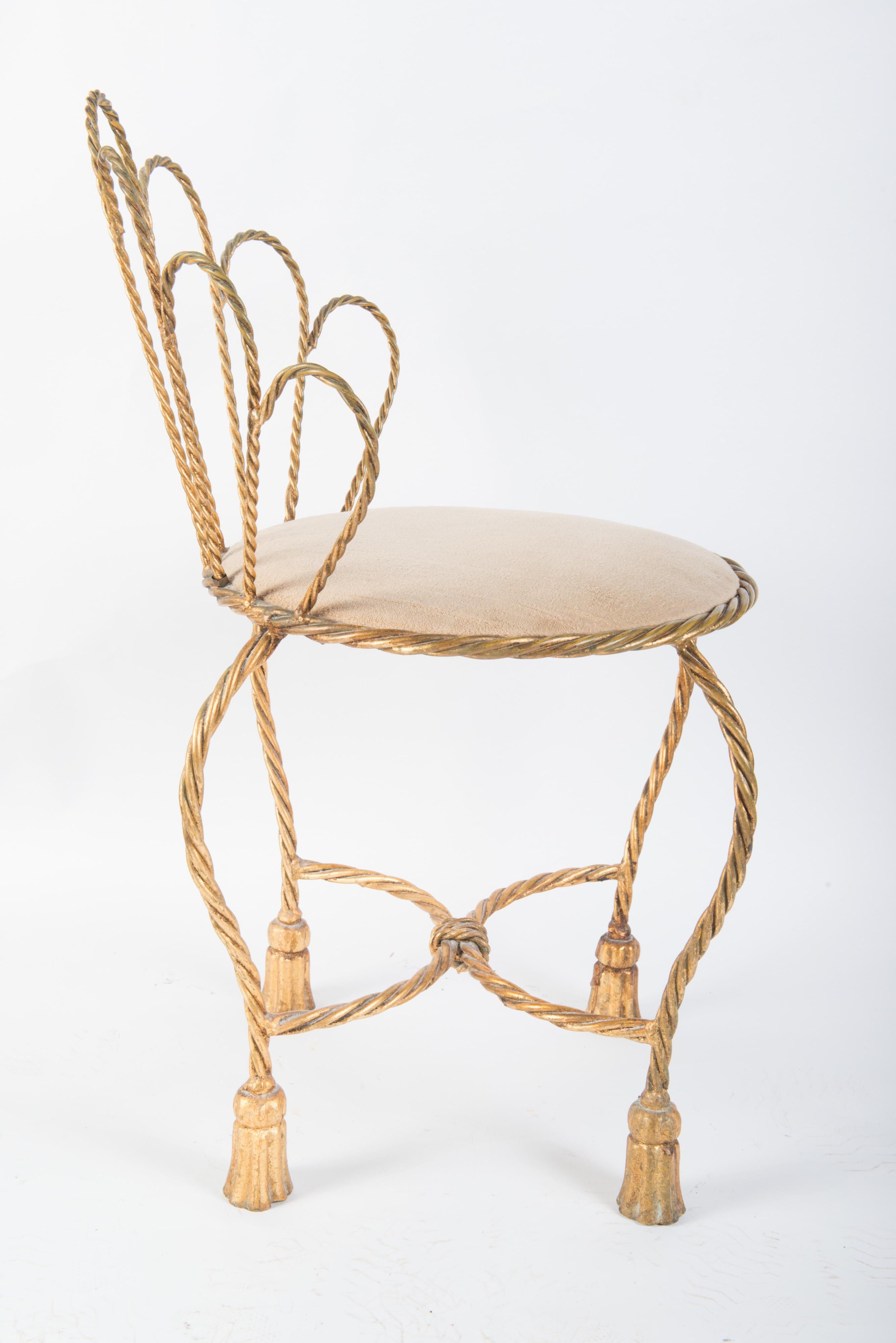 Wrought Iron Italian Gilt Iron Rope & Tassel Boudoir Chair