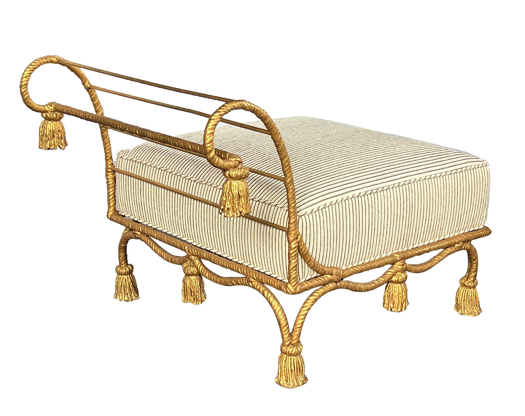Hollywood Regency Italian Gilt-iron Rope Twist Bench with Giltwood Tassels For Sale