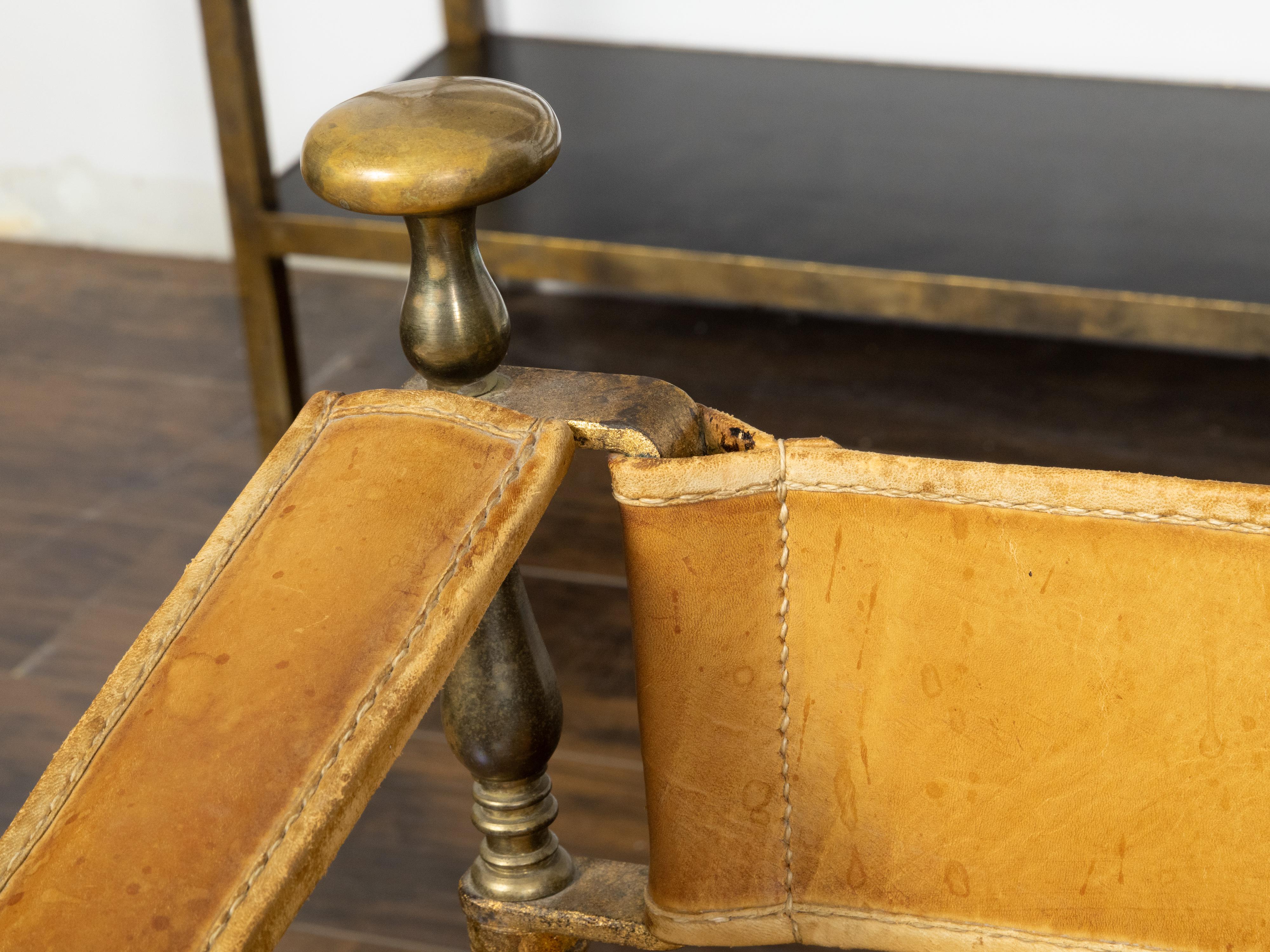 Italian Gilt Iron Savonarola Curule Chair with Tan Leather and X-Form Base 7