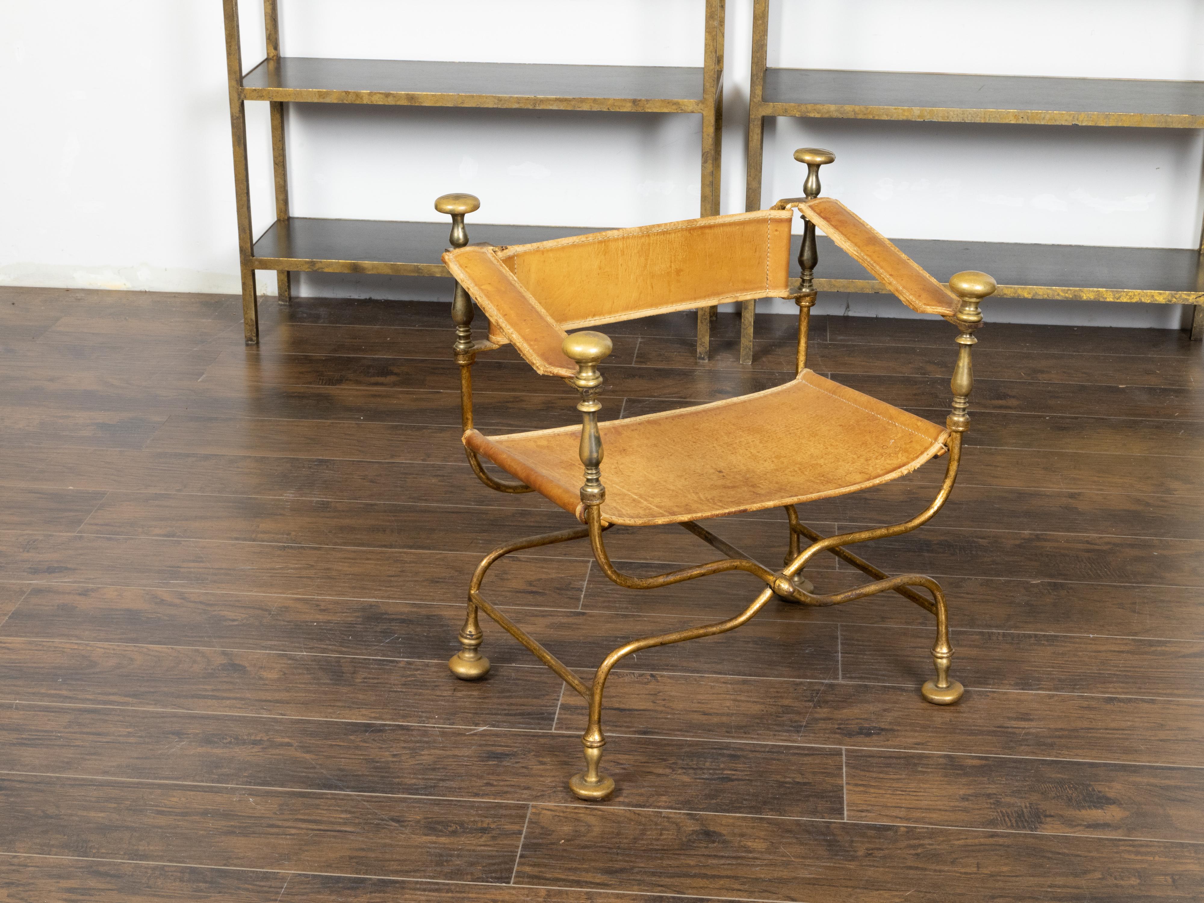 Mid-Century Modern Italian Gilt Iron Savonarola Curule Chair with Tan Leather and X-Form Base