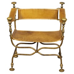 Italian Gilt Iron Savonarola Curule Chair with Tan Leather and X-Form Base