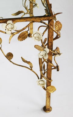 Italian Gilt-Iron Square Form Side Table w Applied Tole Meandering Foliate Vine