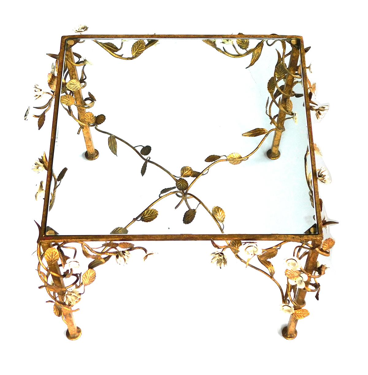Mid-20th Century Italian Gilt-Iron Square Form Side Table w Applied Tole Meandering Foliate Vine For Sale