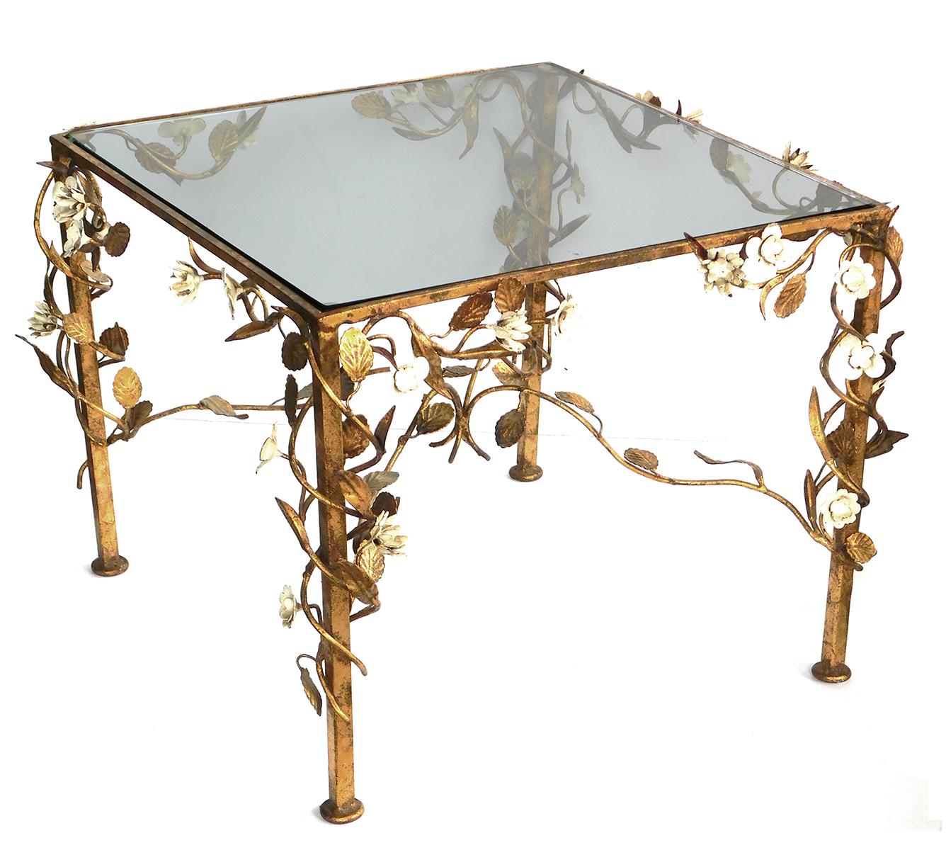 Italian Gilt-Iron Square Form Side Table w Applied Tole Meandering Foliate Vine For Sale 1
