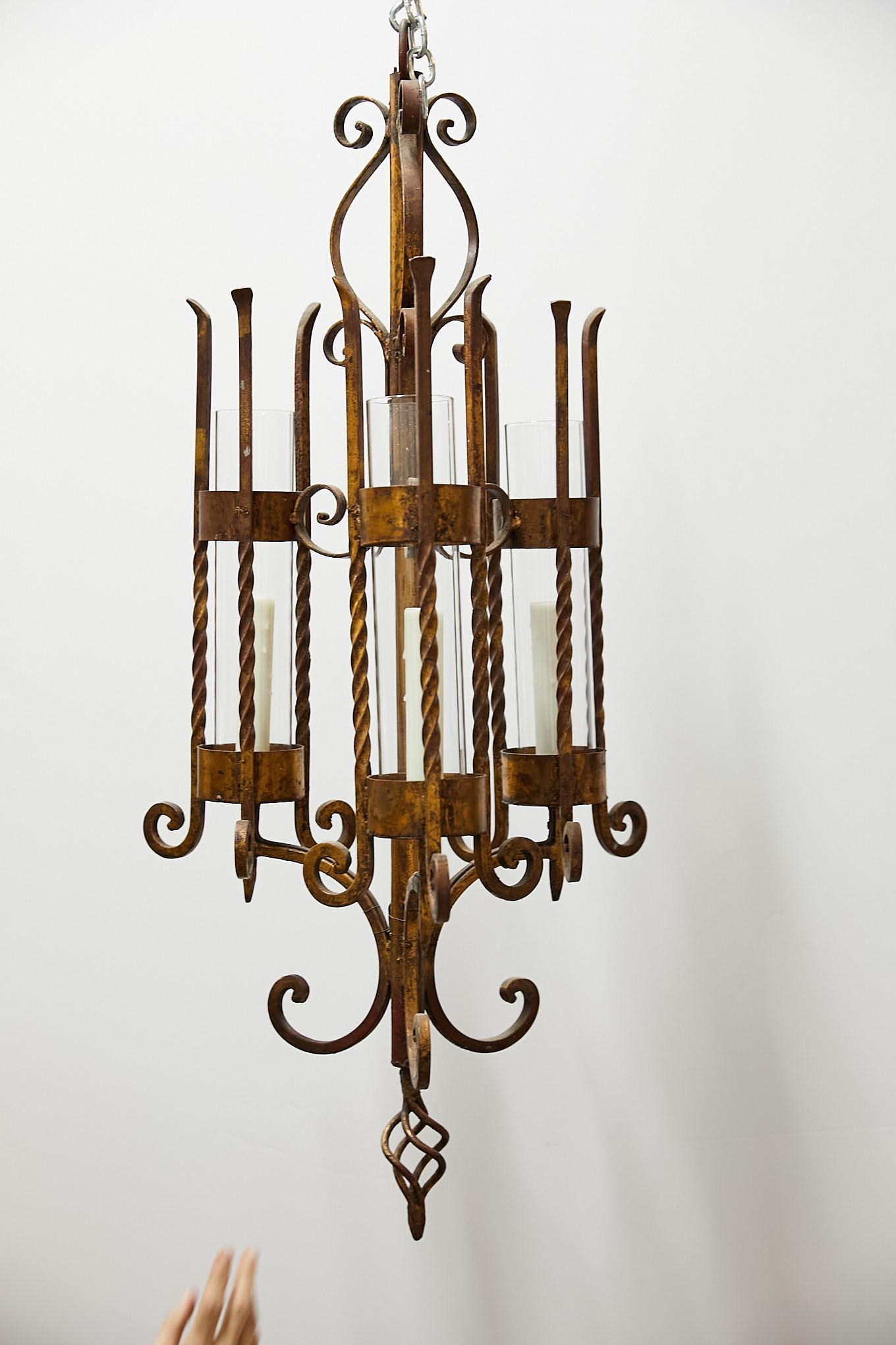 Baroque Italian Gilt Iron Three-Arm Chandelier For Sale