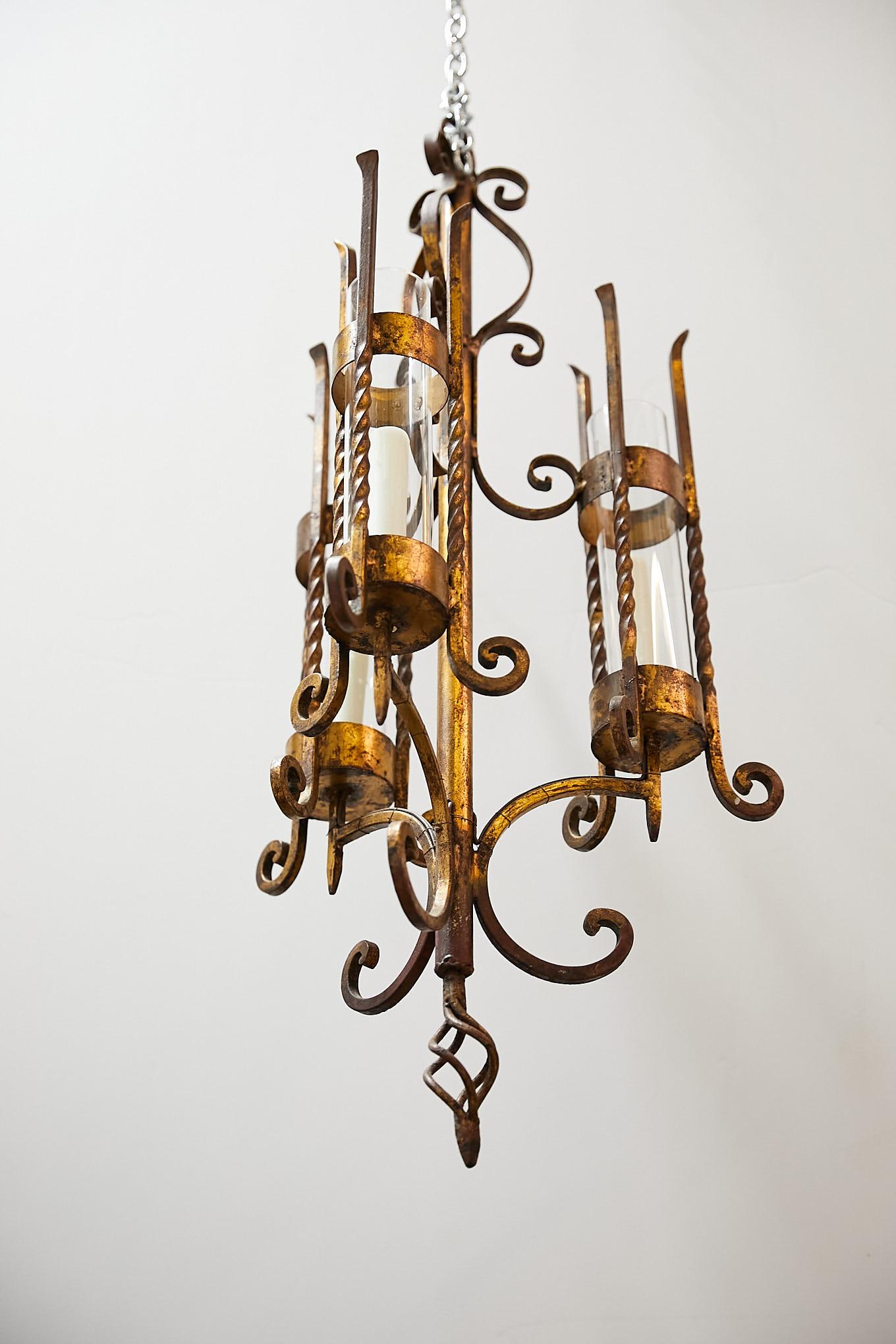 Italian Gilt Iron Three-Arm Chandelier In Good Condition For Sale In Atlanta, GA