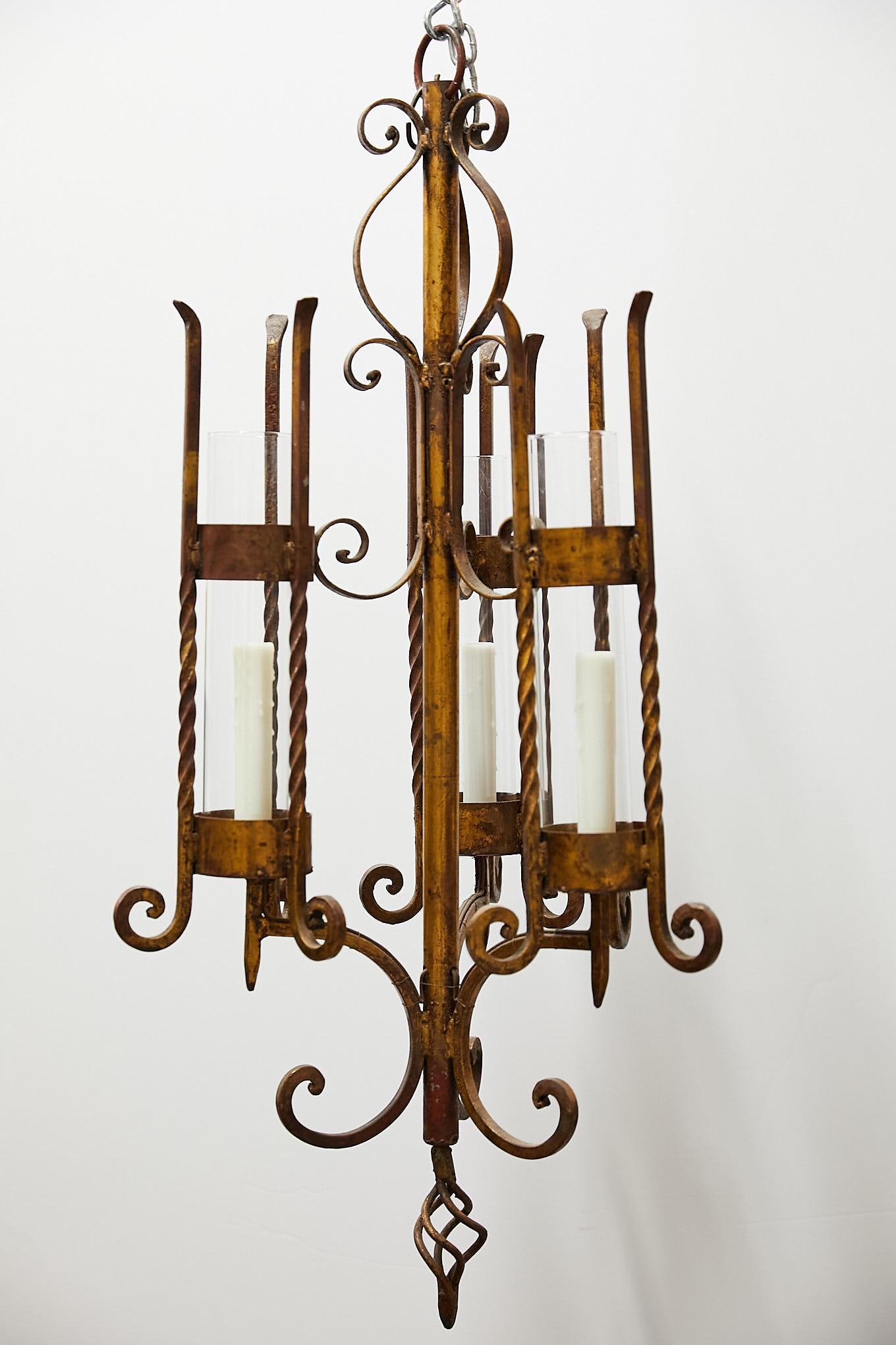 20th Century Italian Gilt Iron Three-Arm Chandelier For Sale