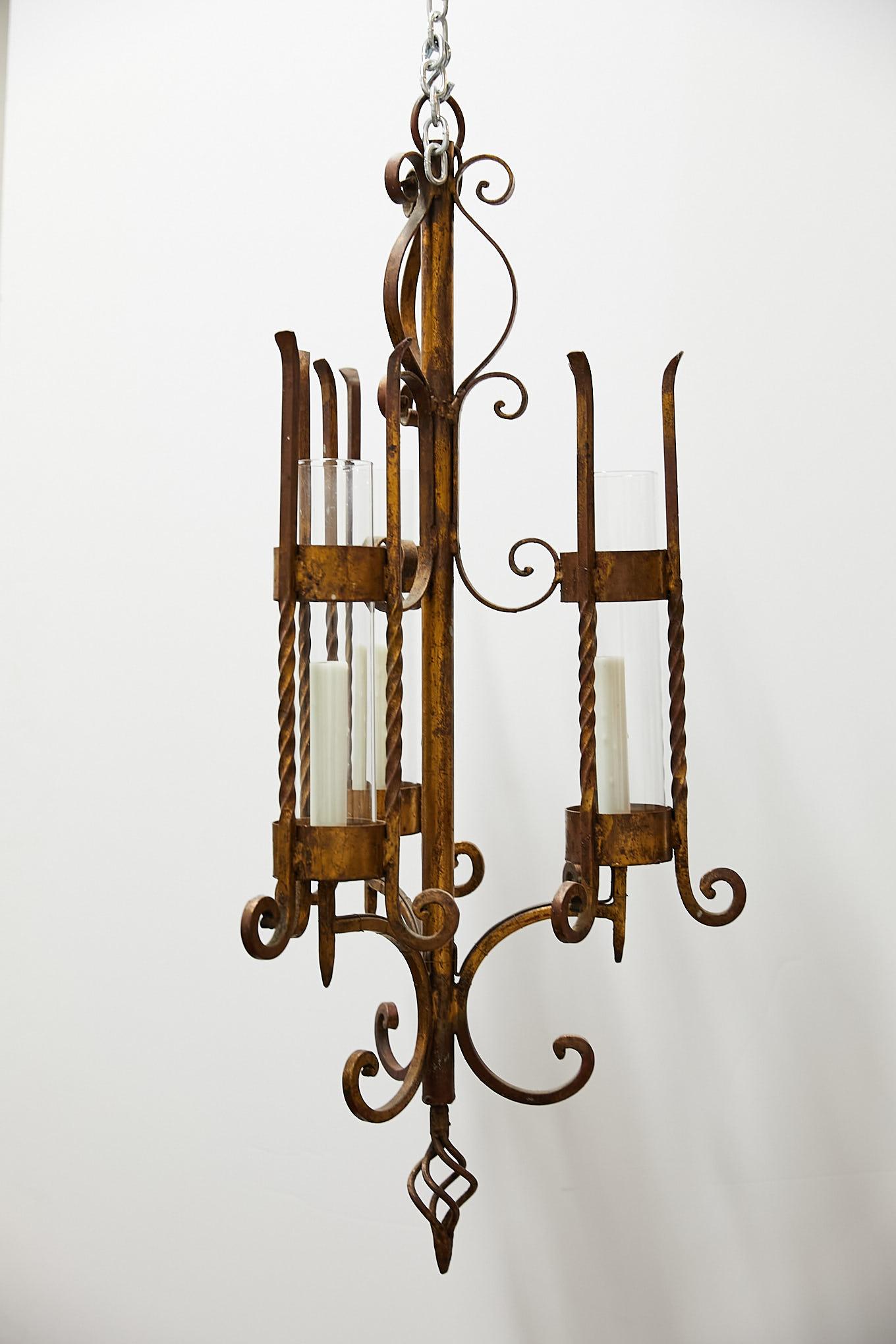 Wrought Iron Italian Gilt Iron Three-Arm Chandelier For Sale