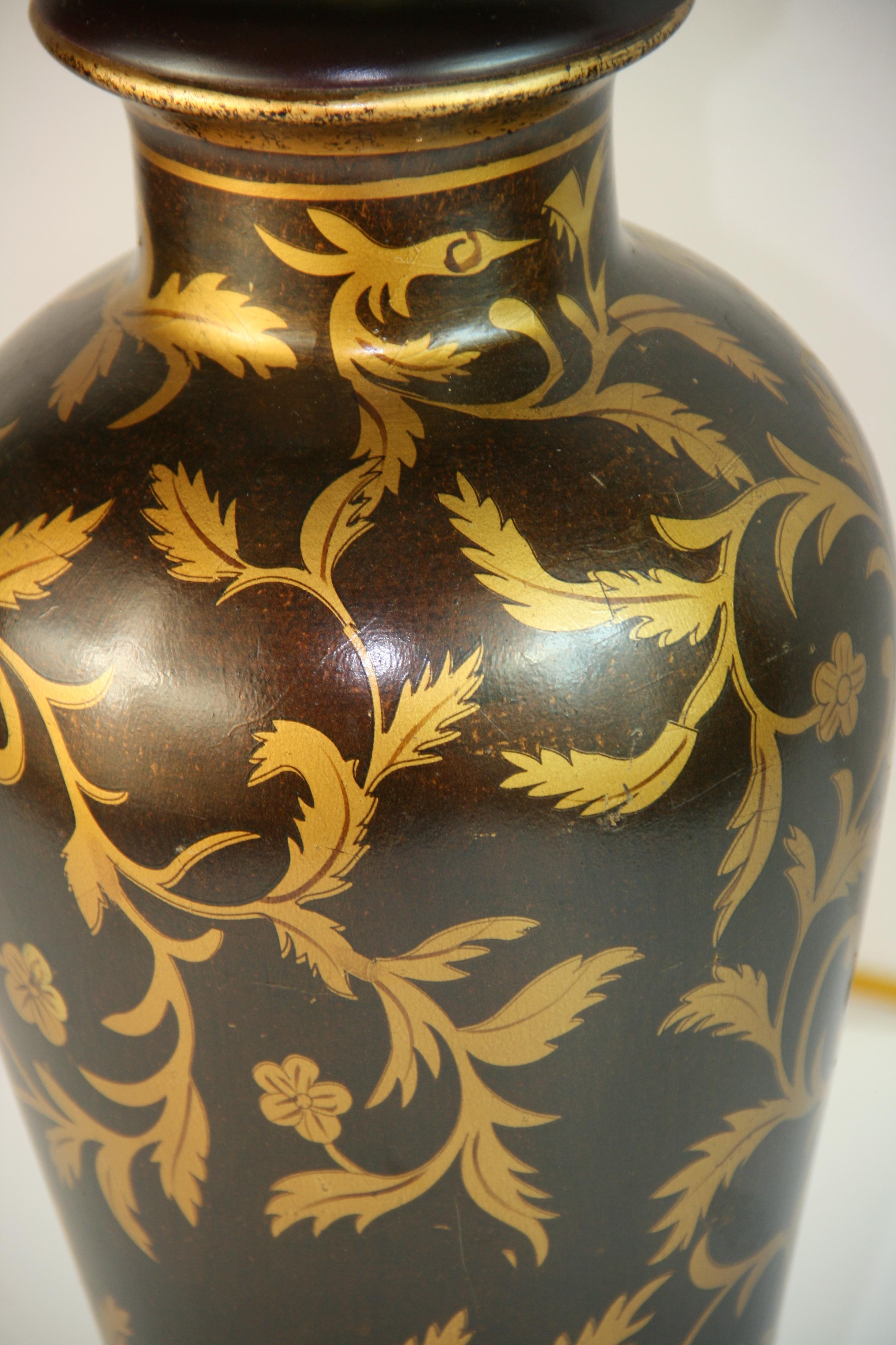 Italian Gilt Leaves and Flower Ceramic Lamps a Pair For Sale 2