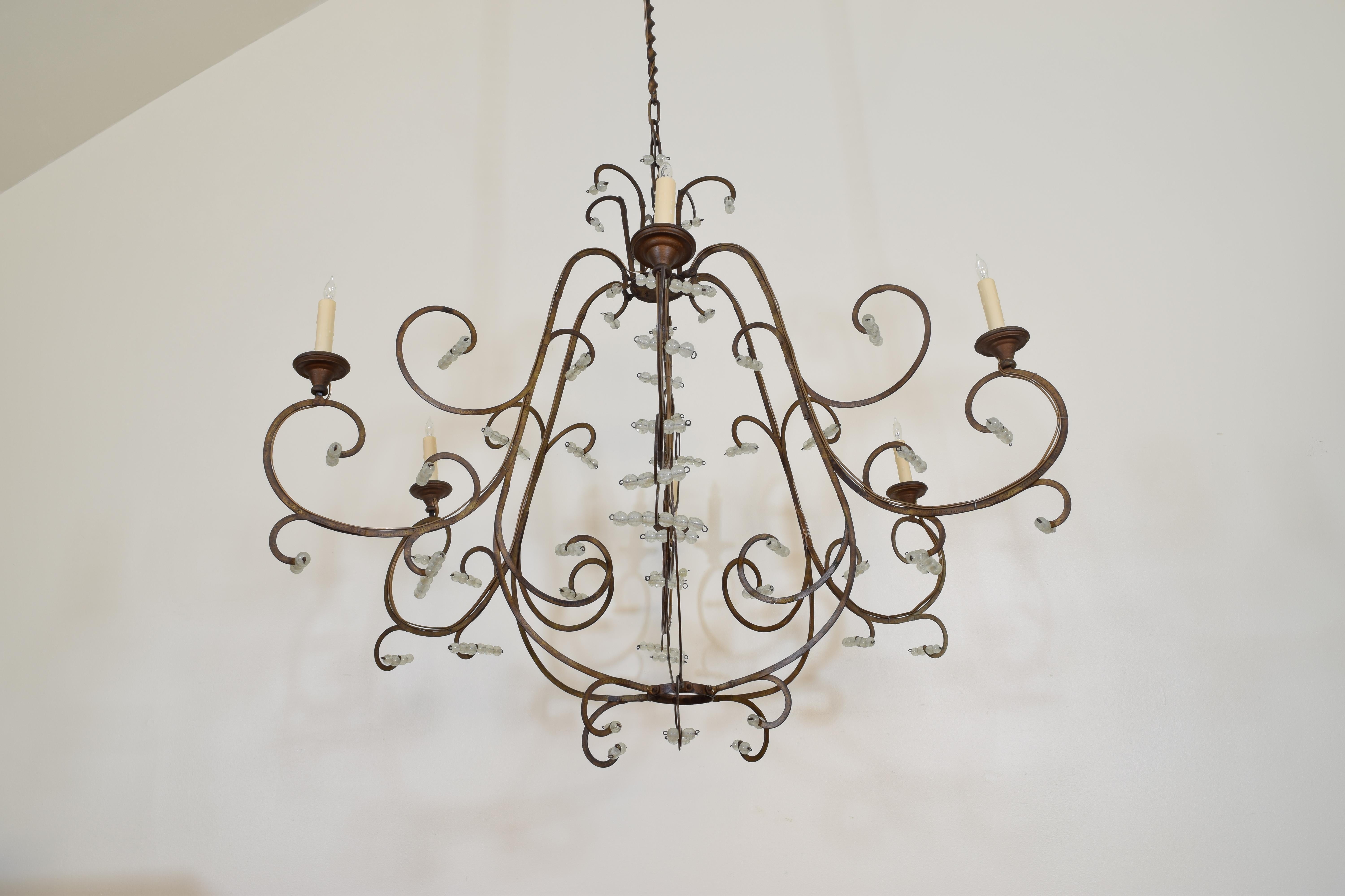 Italian Gilt Metal and Blown Glass Bead 6-Light Chandelier, 18th-19th Century In Excellent Condition In Atlanta, GA