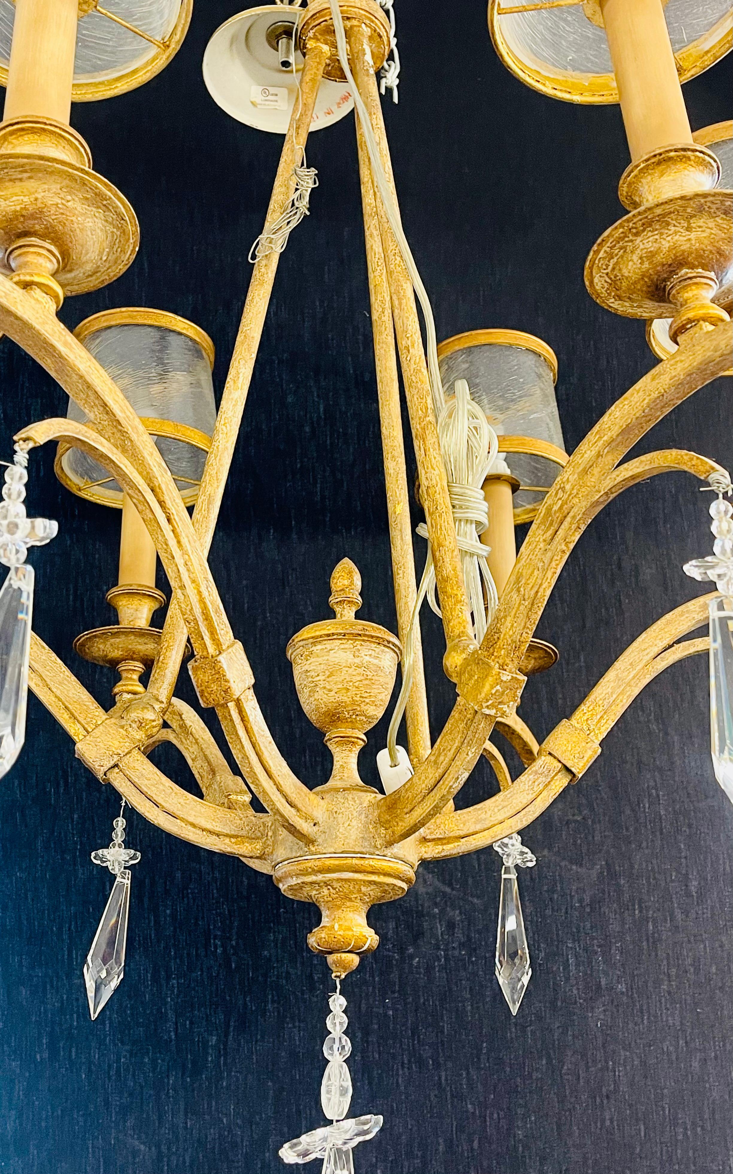 20th Century Italian Gilt Metal and Crystal Chandelier with Glass Shades For Sale