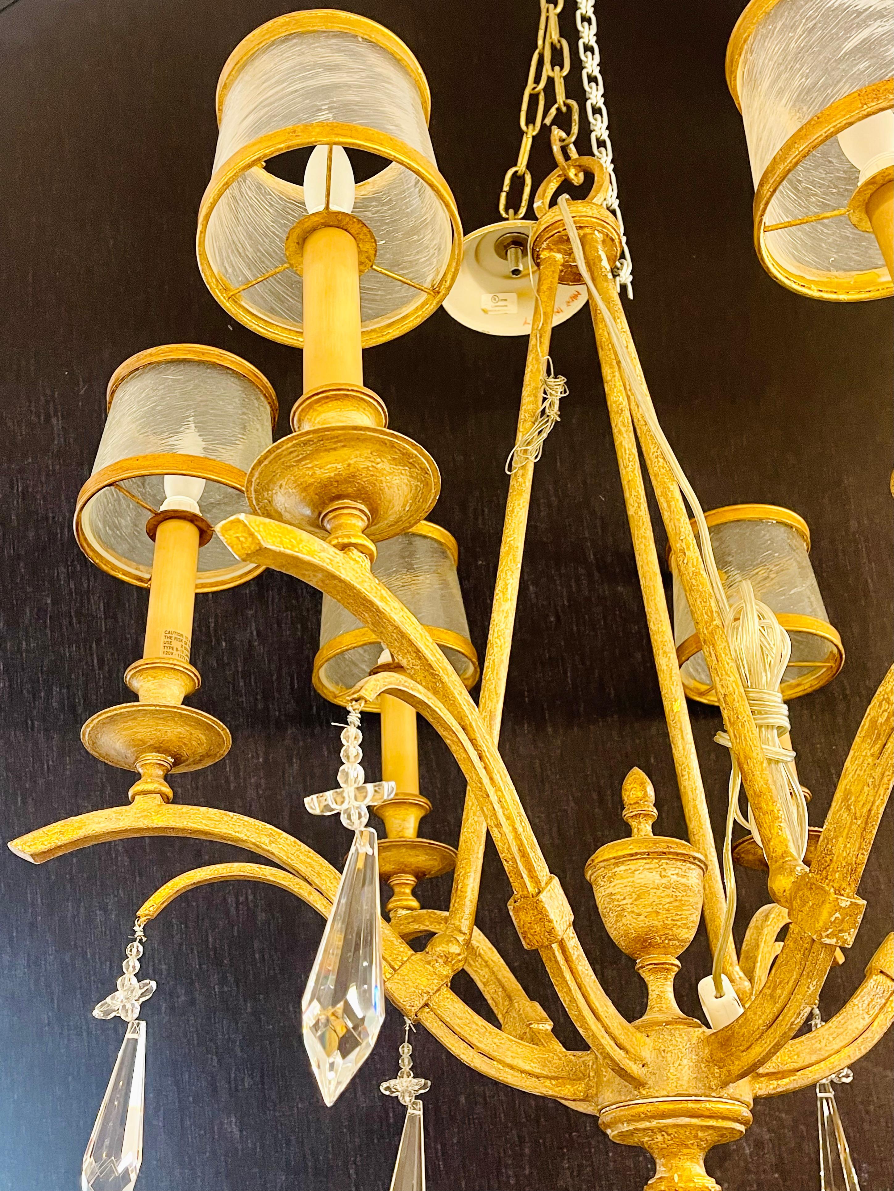 Italian Gilt Metal and Crystal Chandelier with Glass Shades For Sale 1