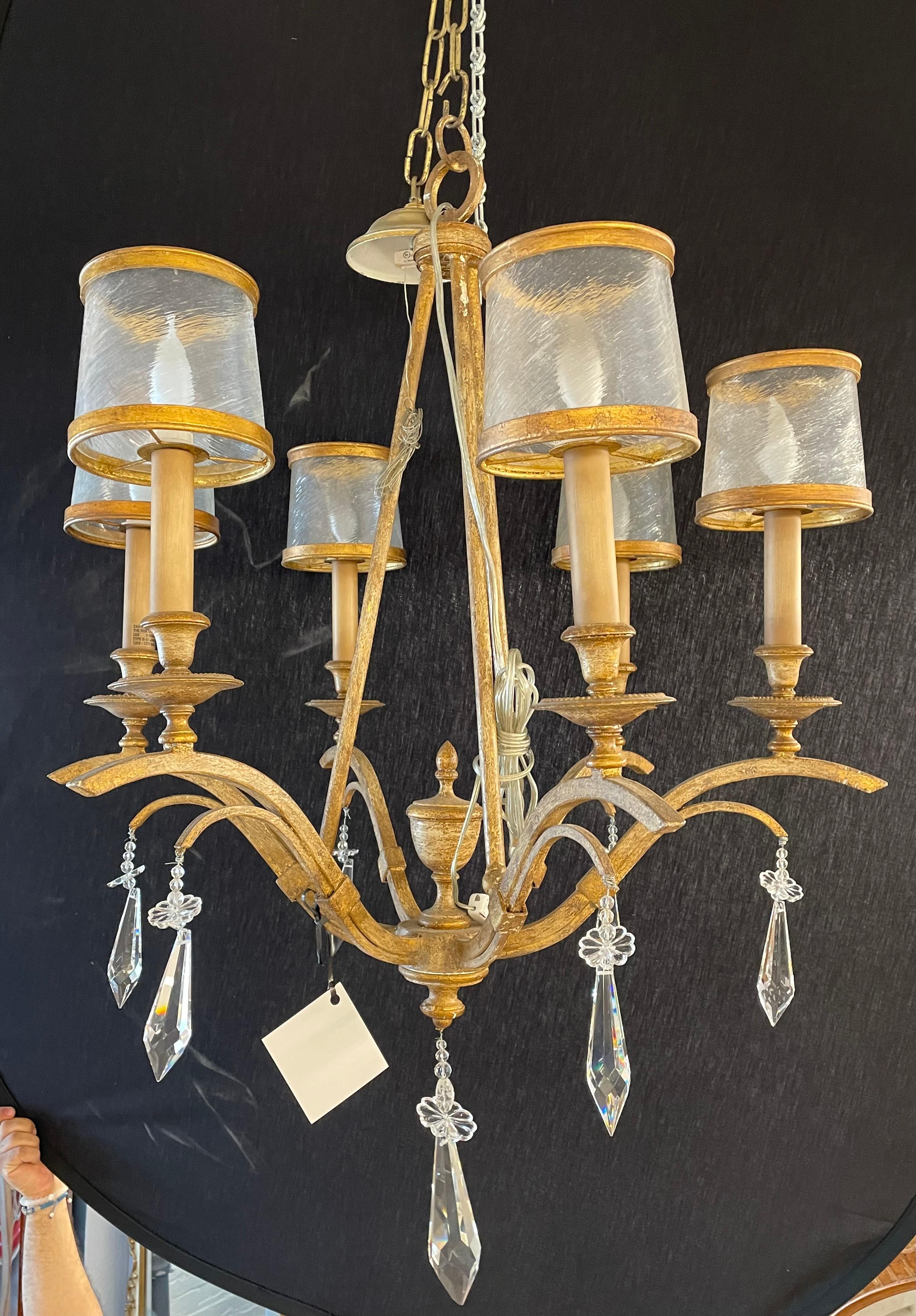 Italian Gilt Metal and Crystal Chandelier with Glass Shades For Sale 4