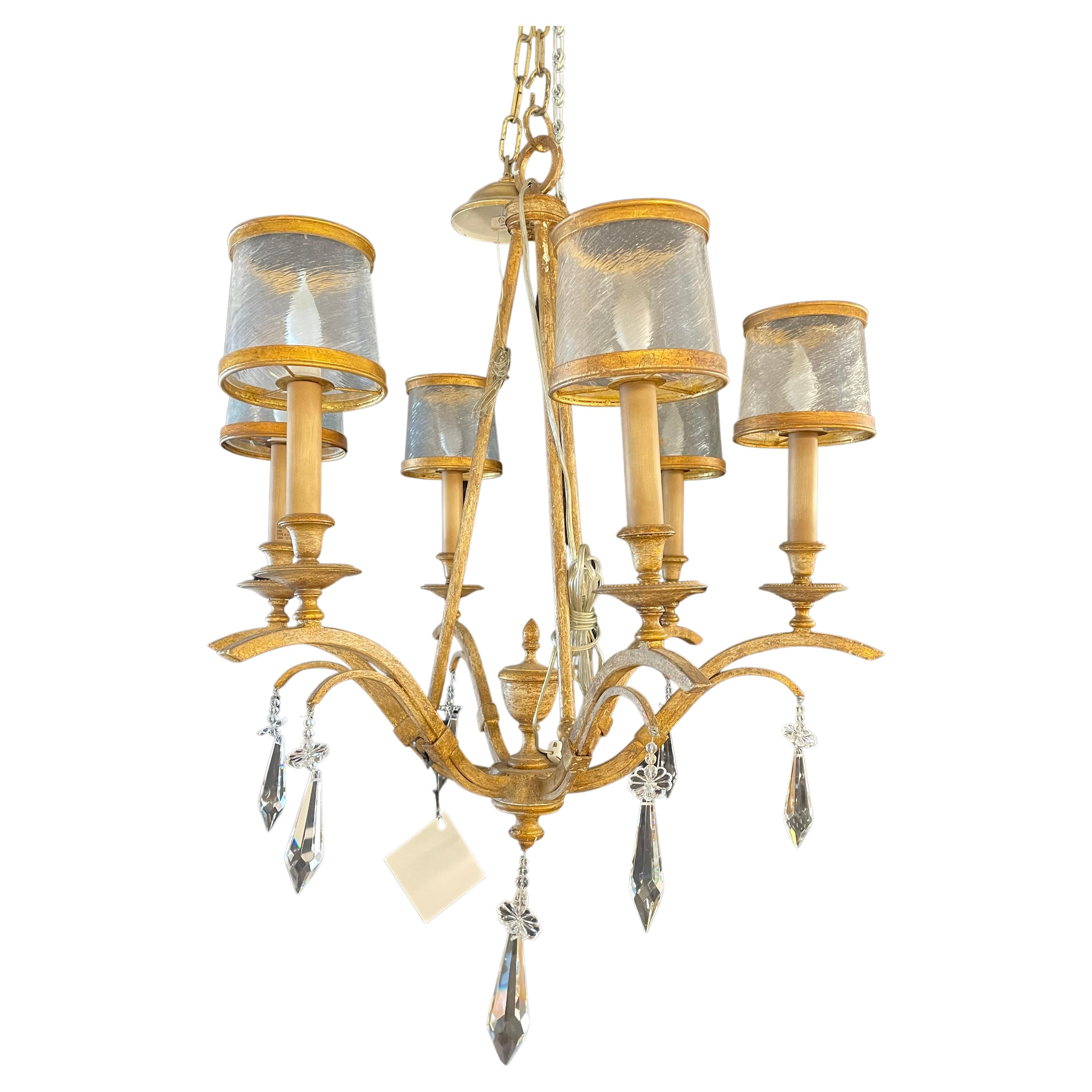 Italian Gilt Metal and Crystal Chandelier with Glass Shades For Sale