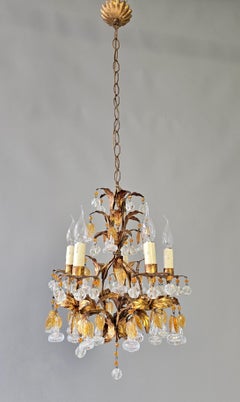 Italian Gilt Metal and Crystal Leaf Chandelier with Amber Glass Drops, 1970s
