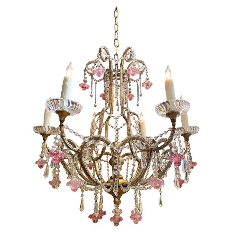 Italian Gilt Metal Beaded Crystal, Gold Chandelier With Pink Flowers