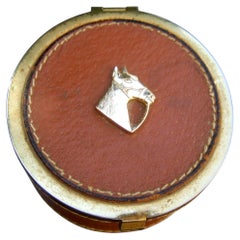 Italian Gilt Metal Brown Leather Small Equine Emblem Trinket Box c 1970s