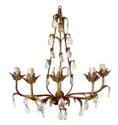 Italian Gilt Metal & Crystal Wall Sconces /Five Lights; a pair