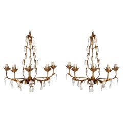 Vintage Italian Gilt Metal & Crystal Wall Sconces /Five Lights; a pair