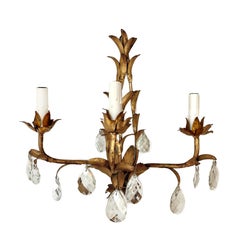 Italian Gilt Metal & Crystal Wall Sconces /Three Lights, a pair