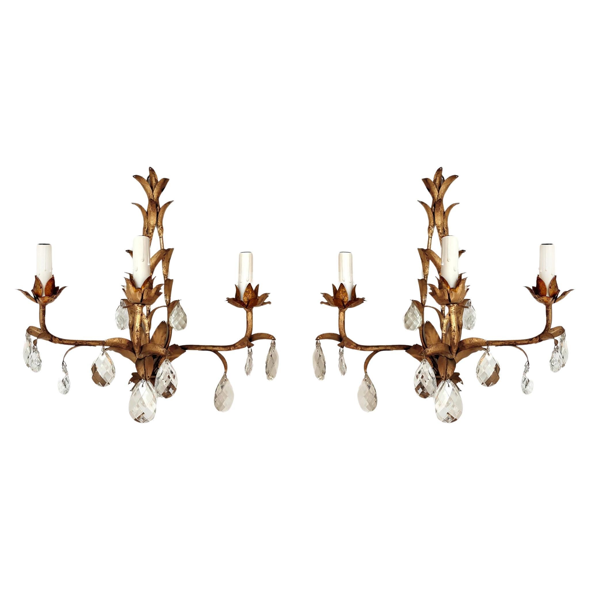 Italian Gilt Metal & Crystal Wall Sconces /Three Lights, a pair