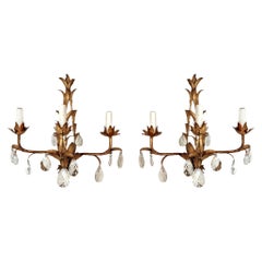 Italian Gilt Metal & Crystal Wall Sconces /Three Lights, a pair