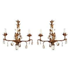 Italian Gilt Metal & Crystal Wall Sconces /Three Lights, a pair