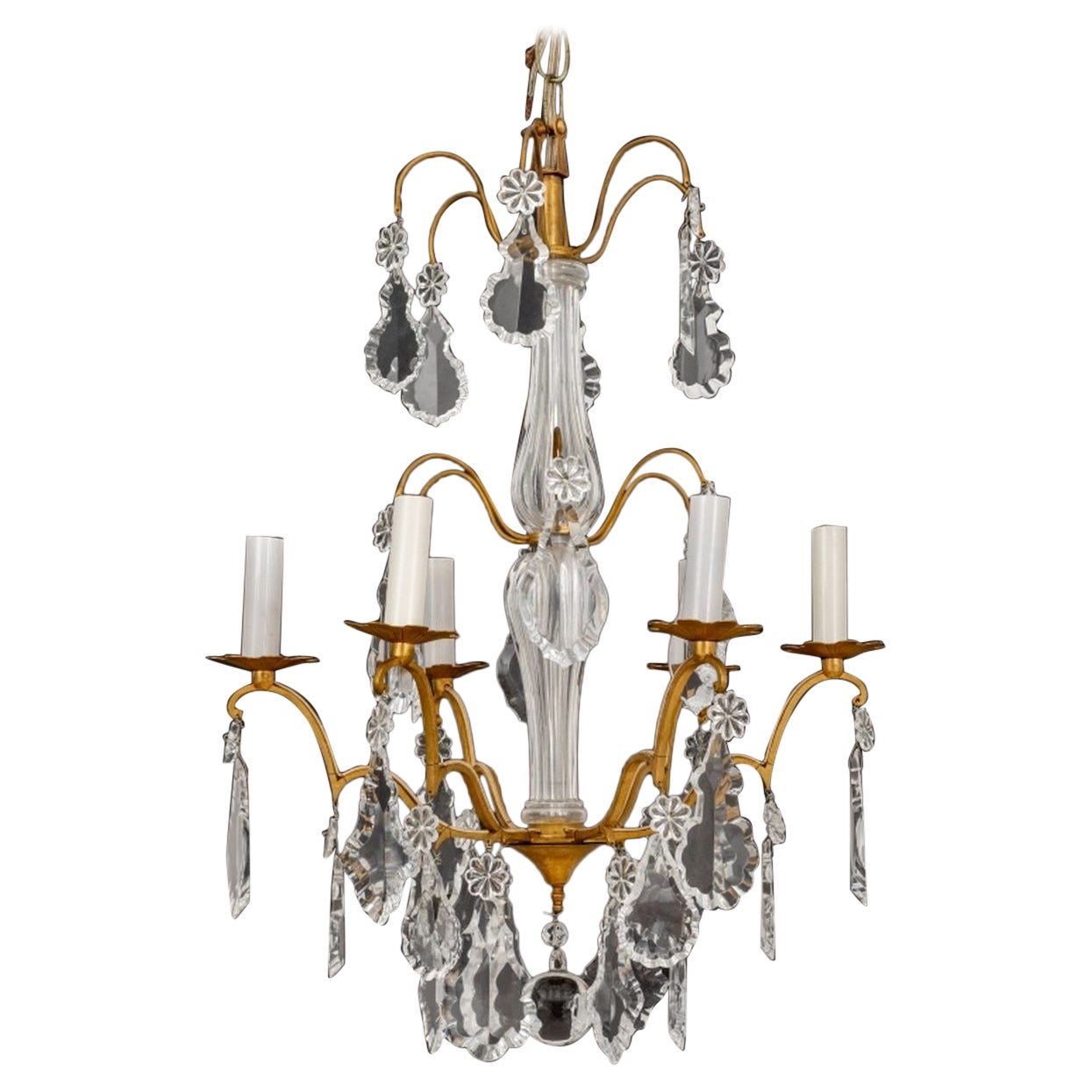 Lustre italien à six lumières en métal doré et verre taillé en vente