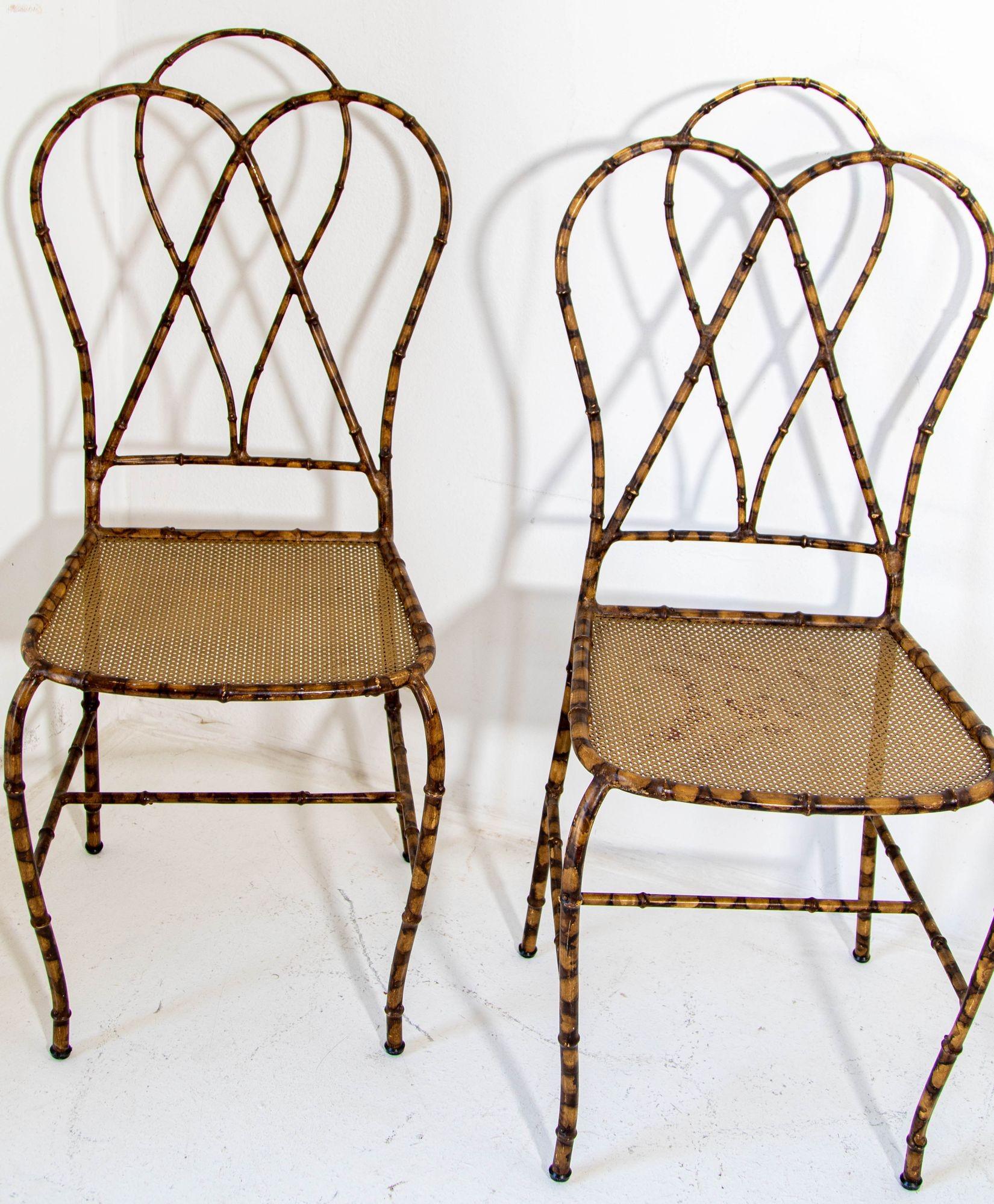 Italian Gilt Metal Faux Bamboo Dining Chairs 1950s Set of 4 For Sale 4