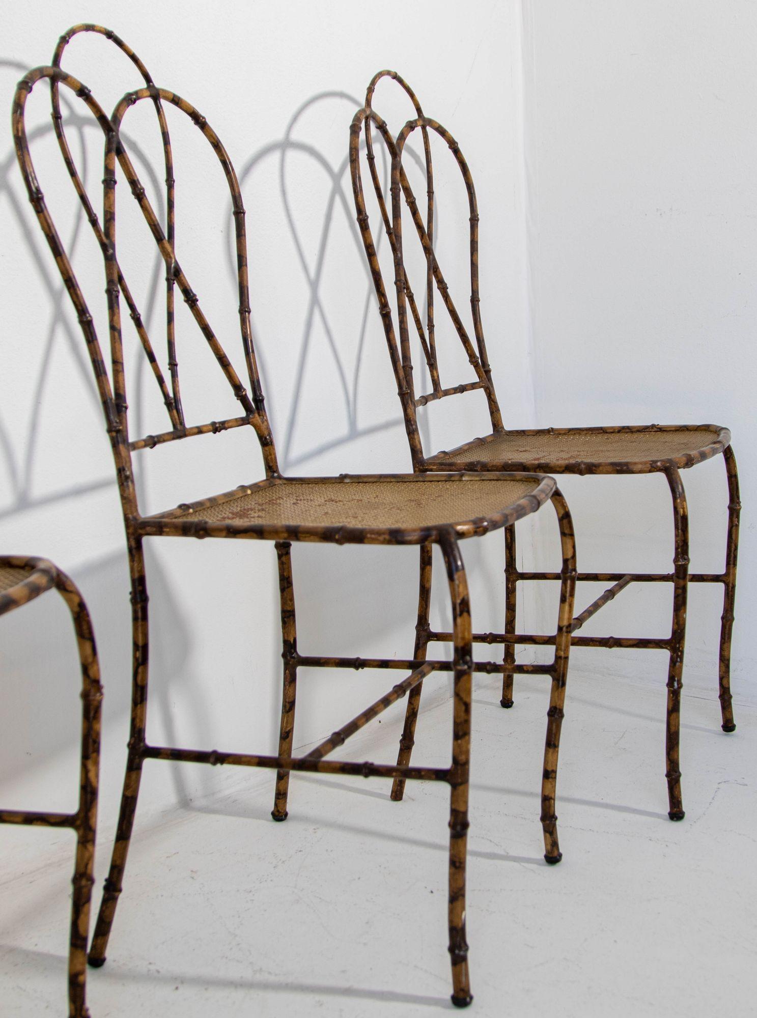 Italian Gilt Metal Faux Bamboo Dining Chairs 1950s Set of 4 For Sale 7