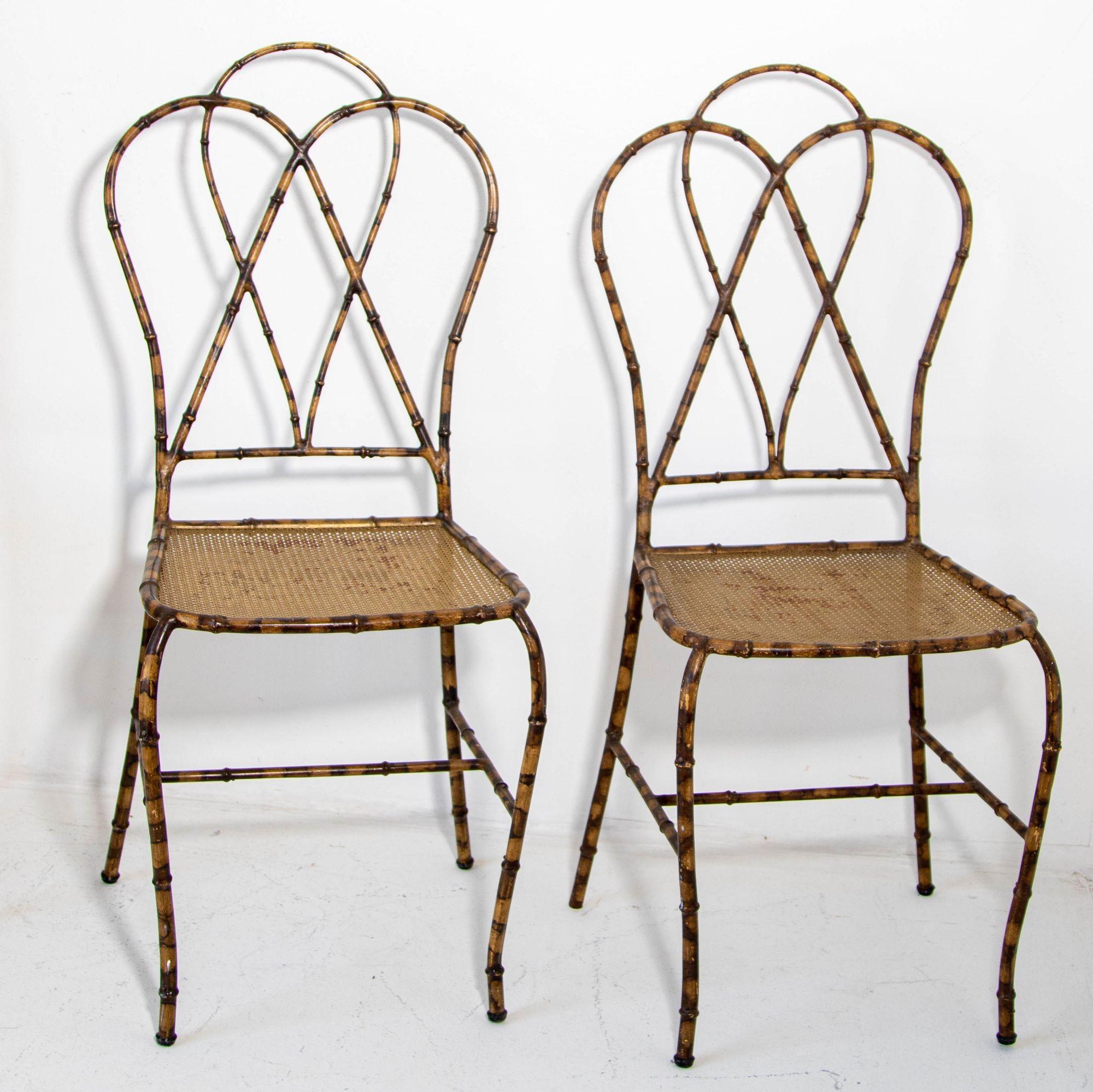 Hollywood Regency Italian Gilt Metal Faux Bamboo Dining Chairs 1950s Set of 4 For Sale