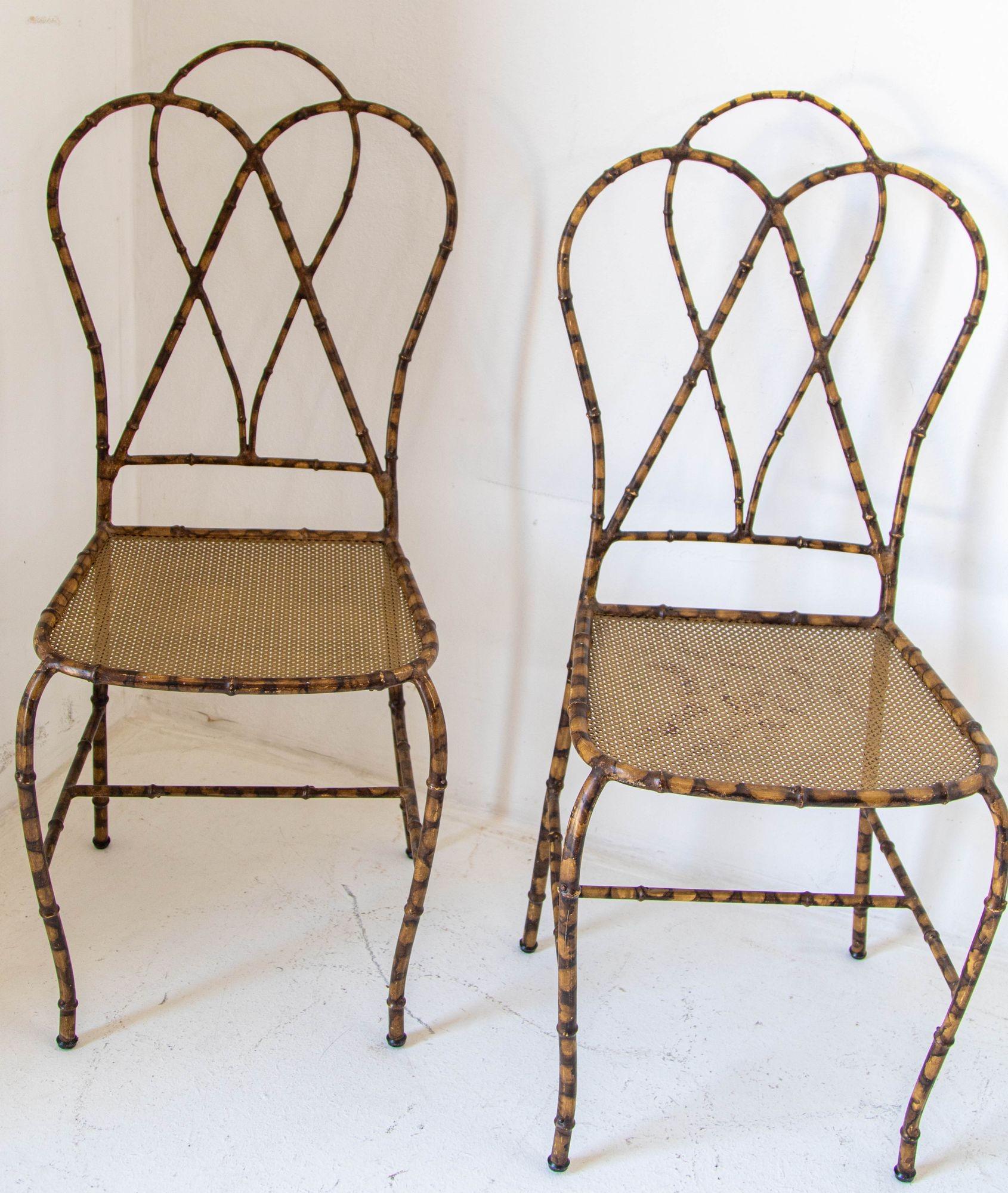 Italian Gilt Metal Faux Bamboo Dining Chairs 1950s Set of 4 For Sale 3