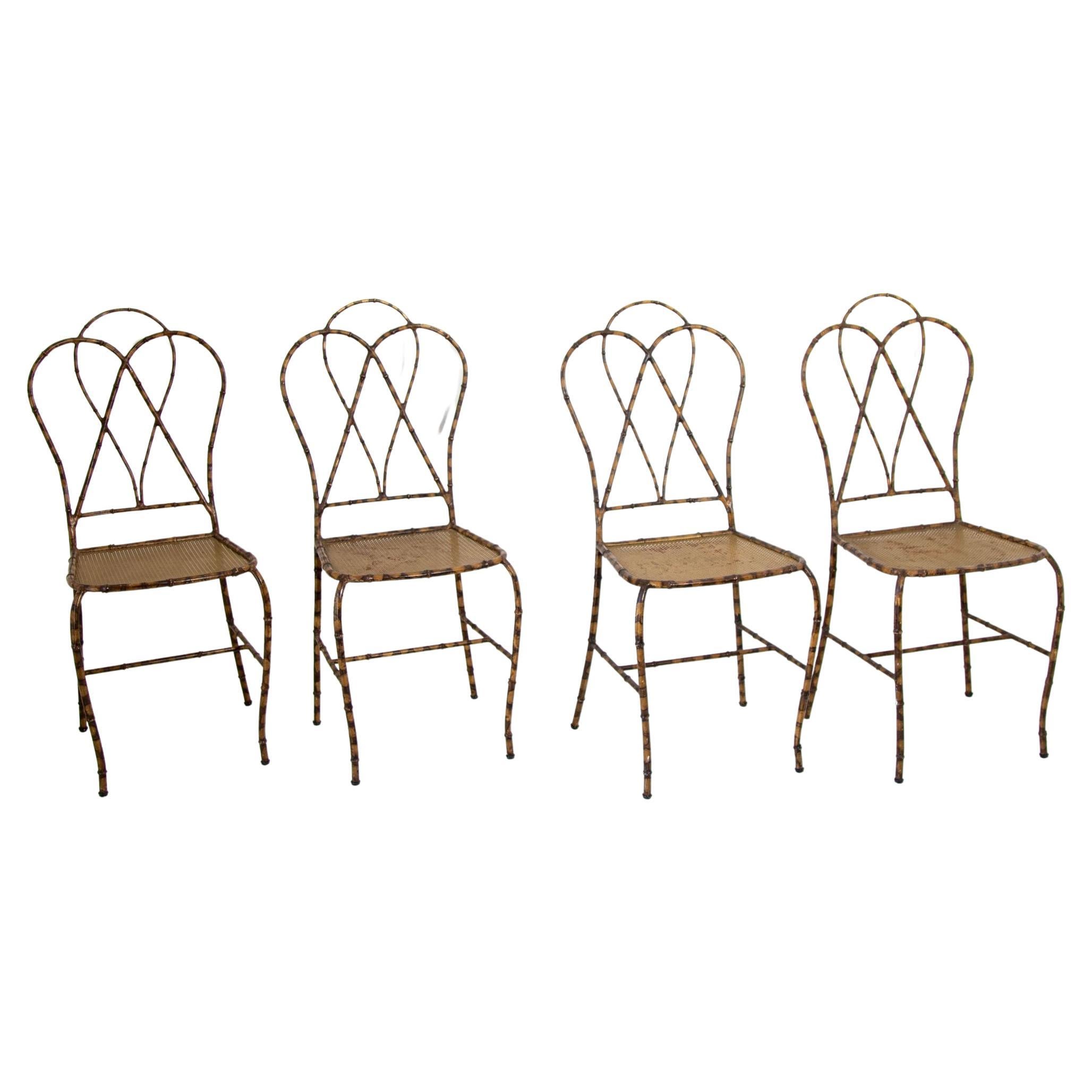Italian Gilt Metal Faux Bamboo Dining Chairs 1950s Set of 4 For Sale