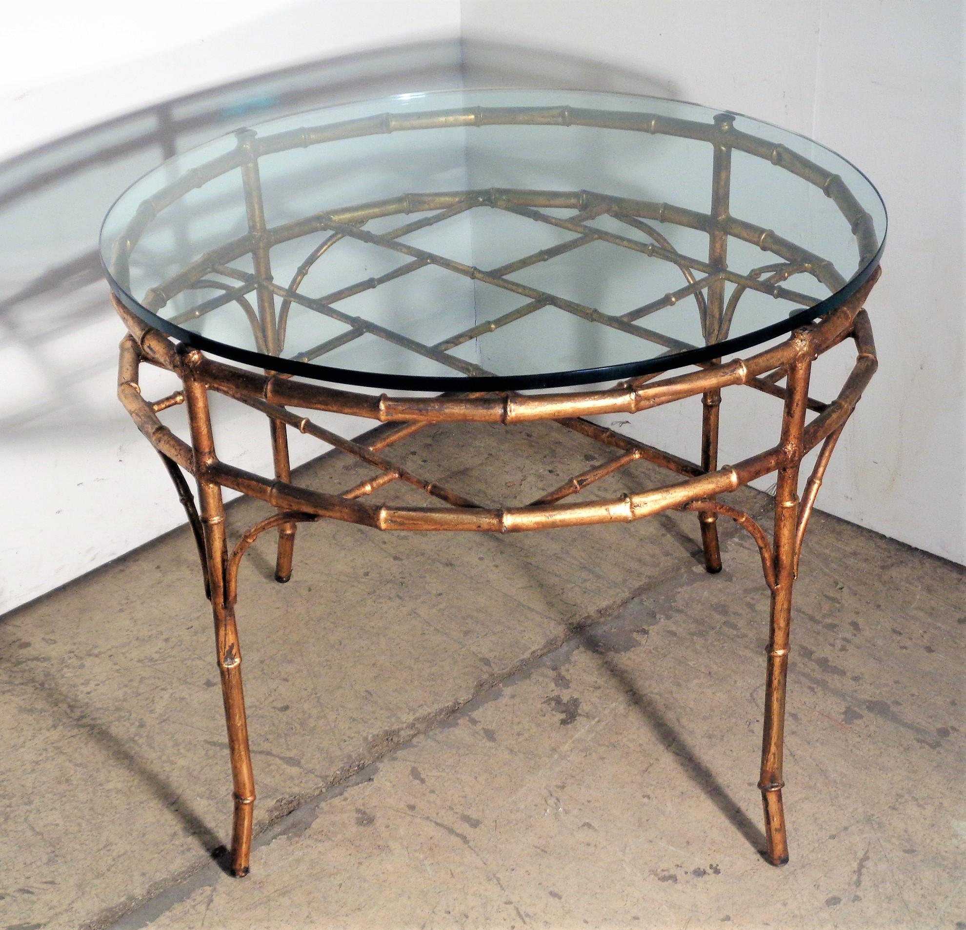 Italian gilt metal faux bamboo table in perfectly aged original gilded surface w/ half inch thick circular beveled plate glass top. Circa 1960. Beautiful. Look at all pictures and read condition report in comment section **** HAND DELIVERY CAN BE