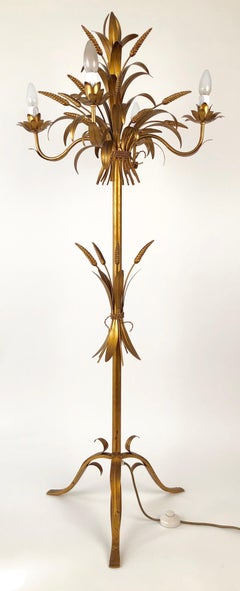 Italienische:: vergoldetes Metall:: Stehlampe mit Weizengarbe-Motiv:: 1960er Jahre:: Kandelaber