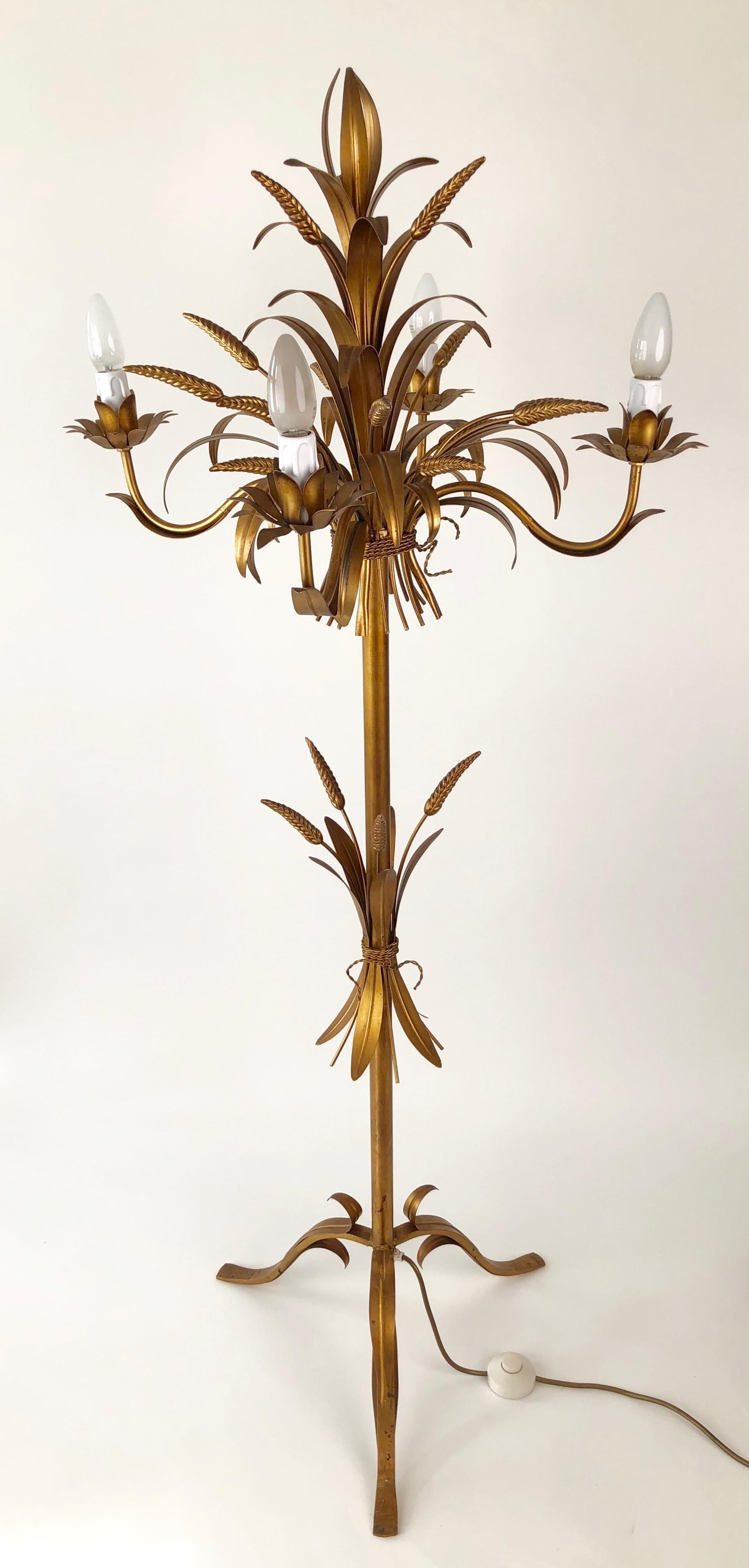 Regency Italian, Gilt Metal,  Floor Lamp with Sheaf of Wheat Motive, 1960s, Candelabra For Sale