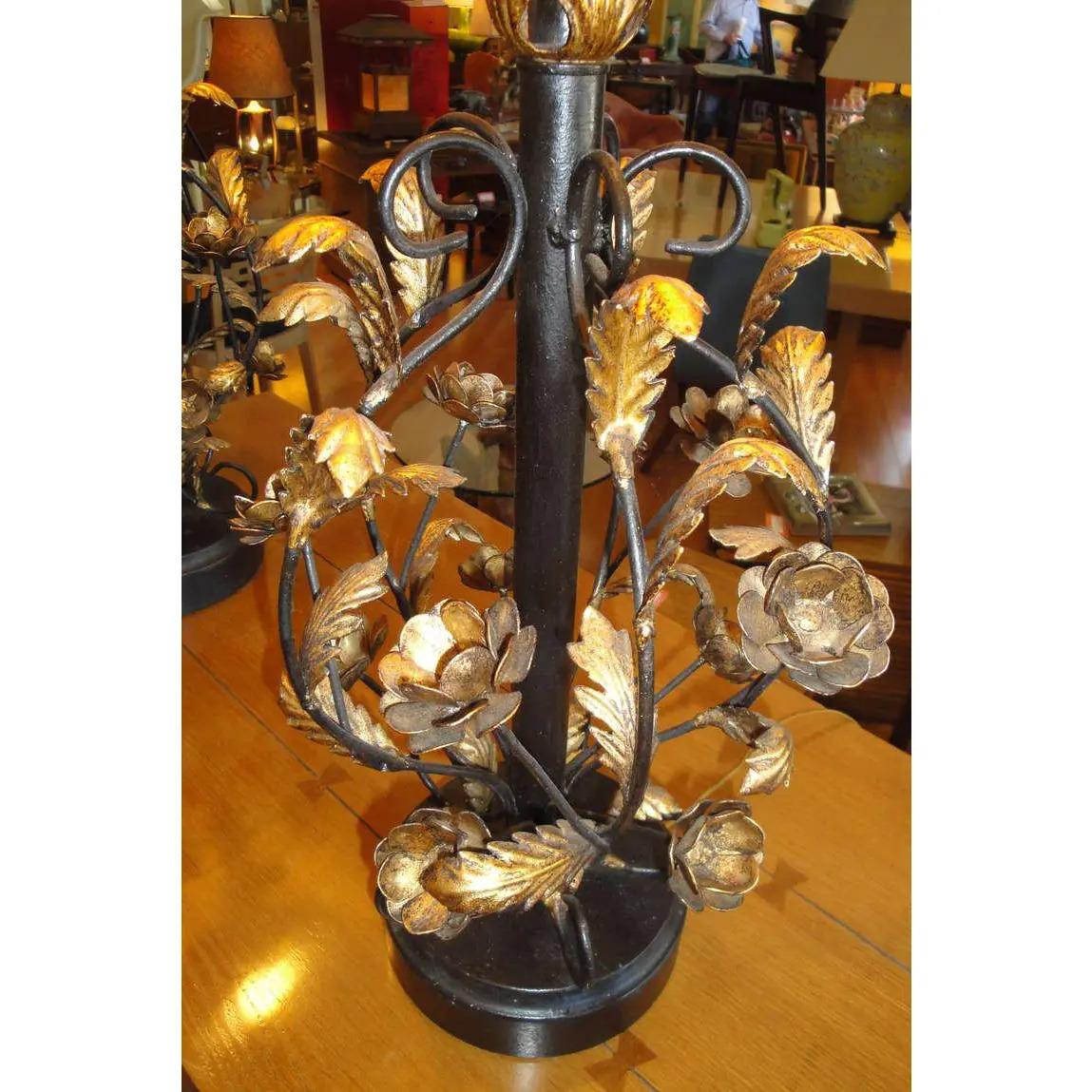 Classic Italian gilt metal and painted steel floral table lamps. Excellent original painted and gilt finish. Three-way sockets. Lamp shades included.