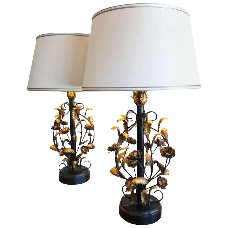 Italian Gilt Metal Floral Lamps For Sale