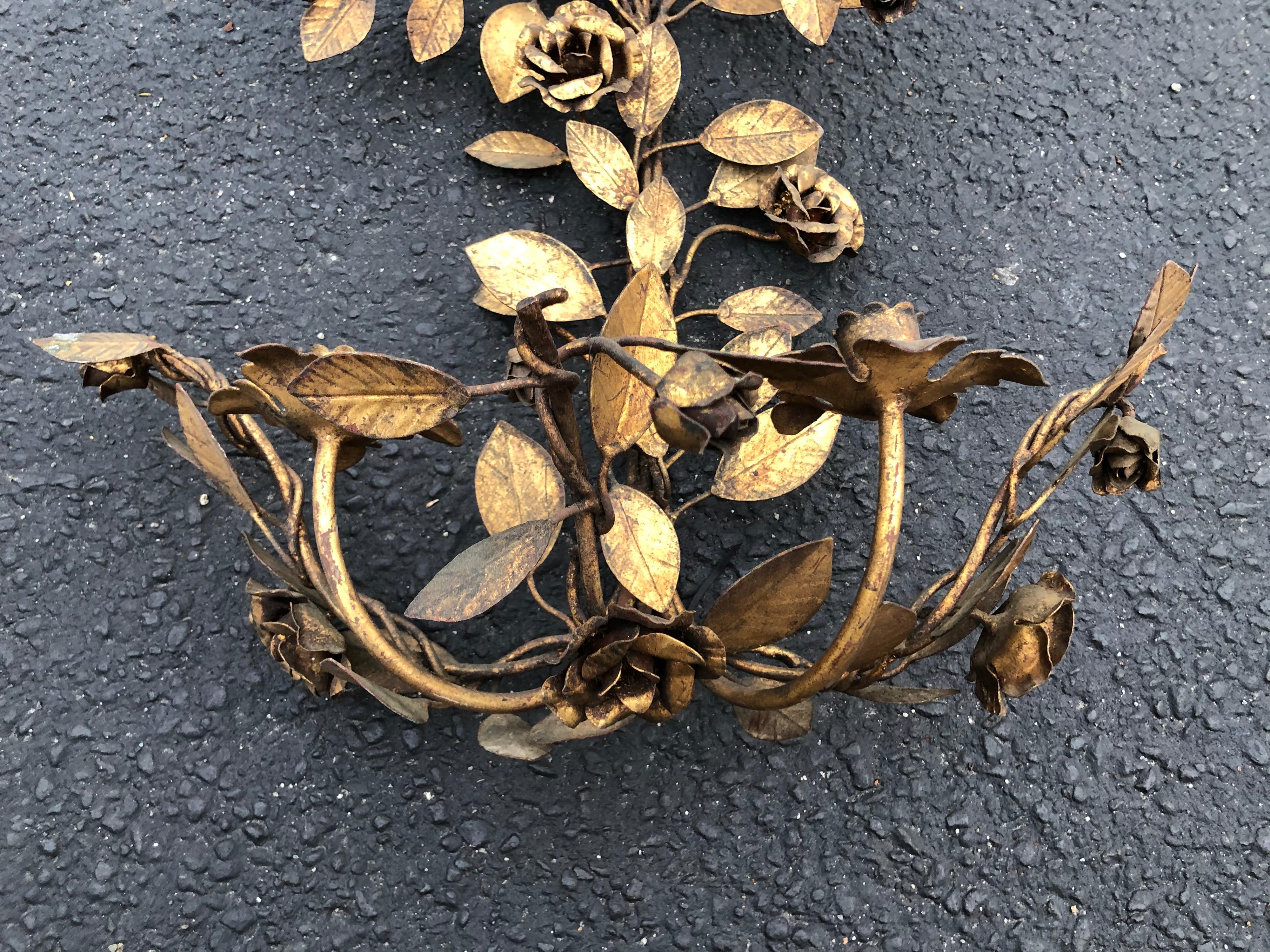 Iron Italian Gilt Metal Floral Wall Sconce For Sale