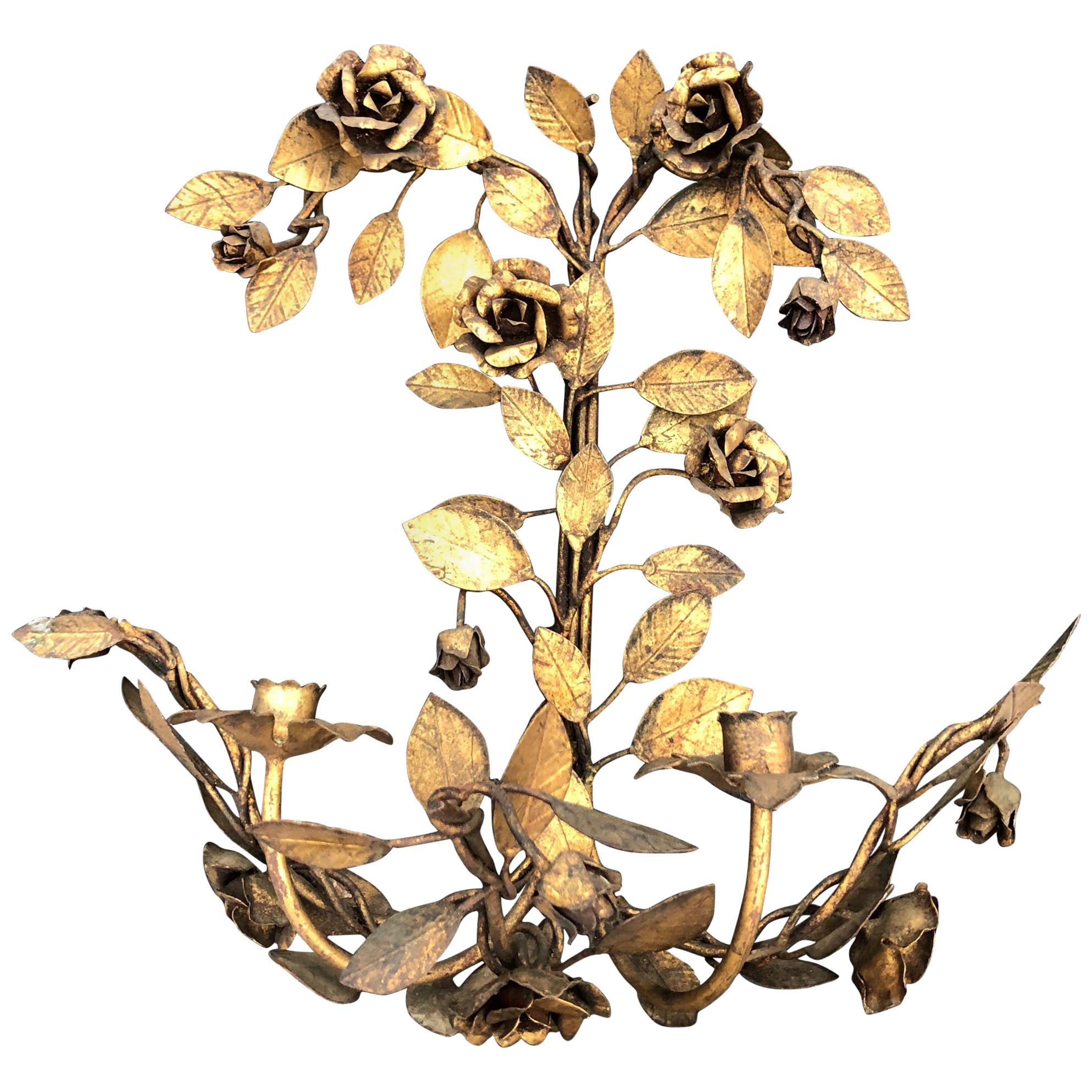 Italian Gilt Metal Floral Wall Sconce For Sale