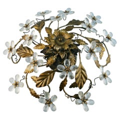 Italian Large  Gilt Metal Glass Star 6 light Ceiling Flush Mount