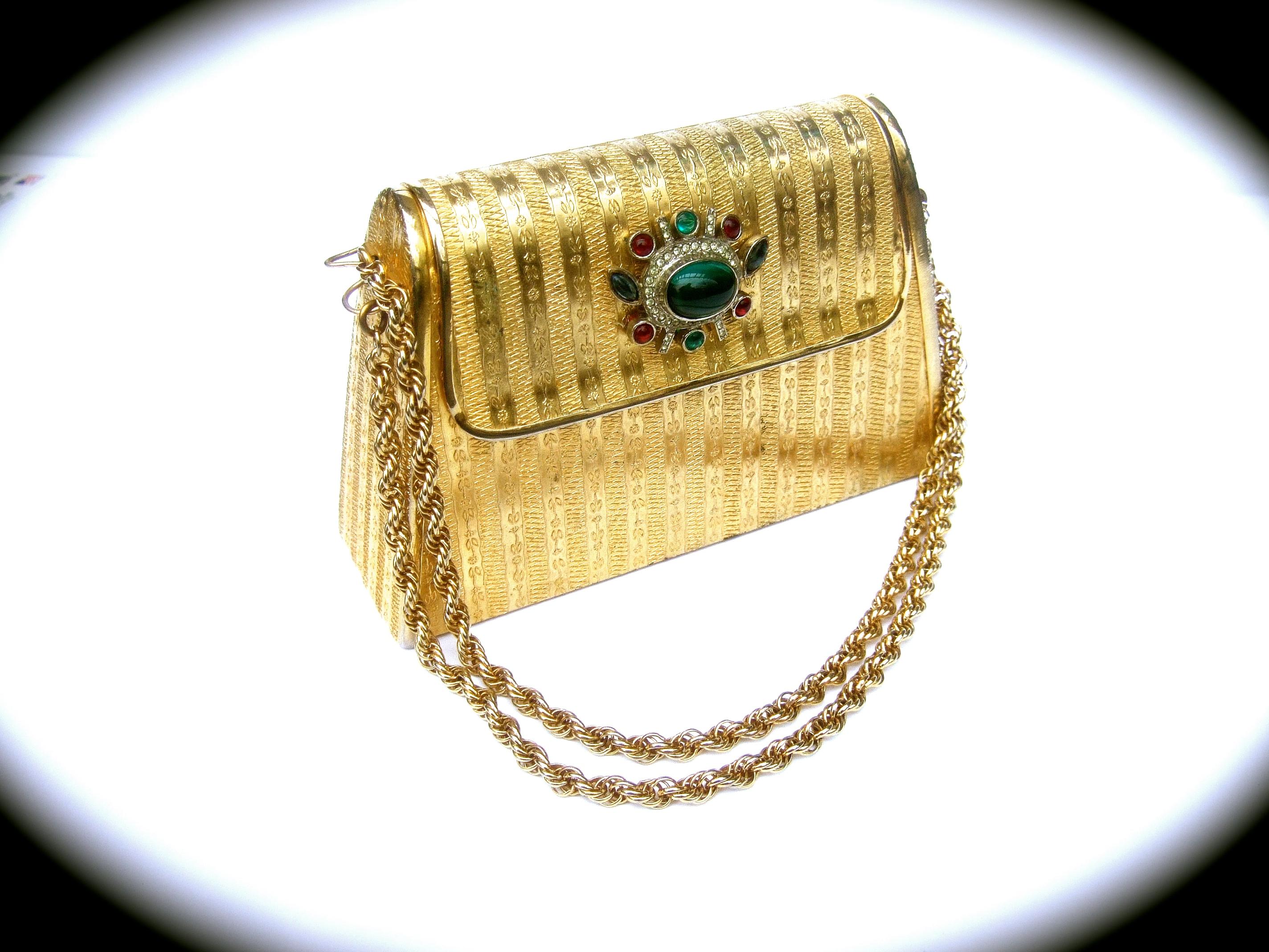 Italian Gilt Metal Jeweled Glass Medallion Minaudière c 1970s 5